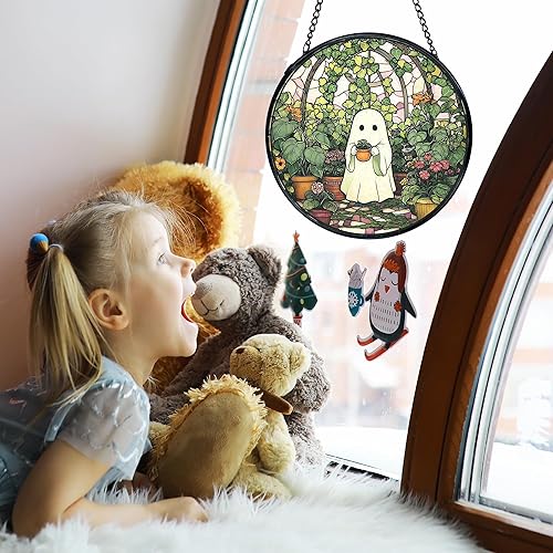 Miniatura 4 de TNUW Fantasma de Halloween para colgar en la ventana, atrapasoles de fantasmas de Halloween, decoración de pared redonda de cristal para ventana