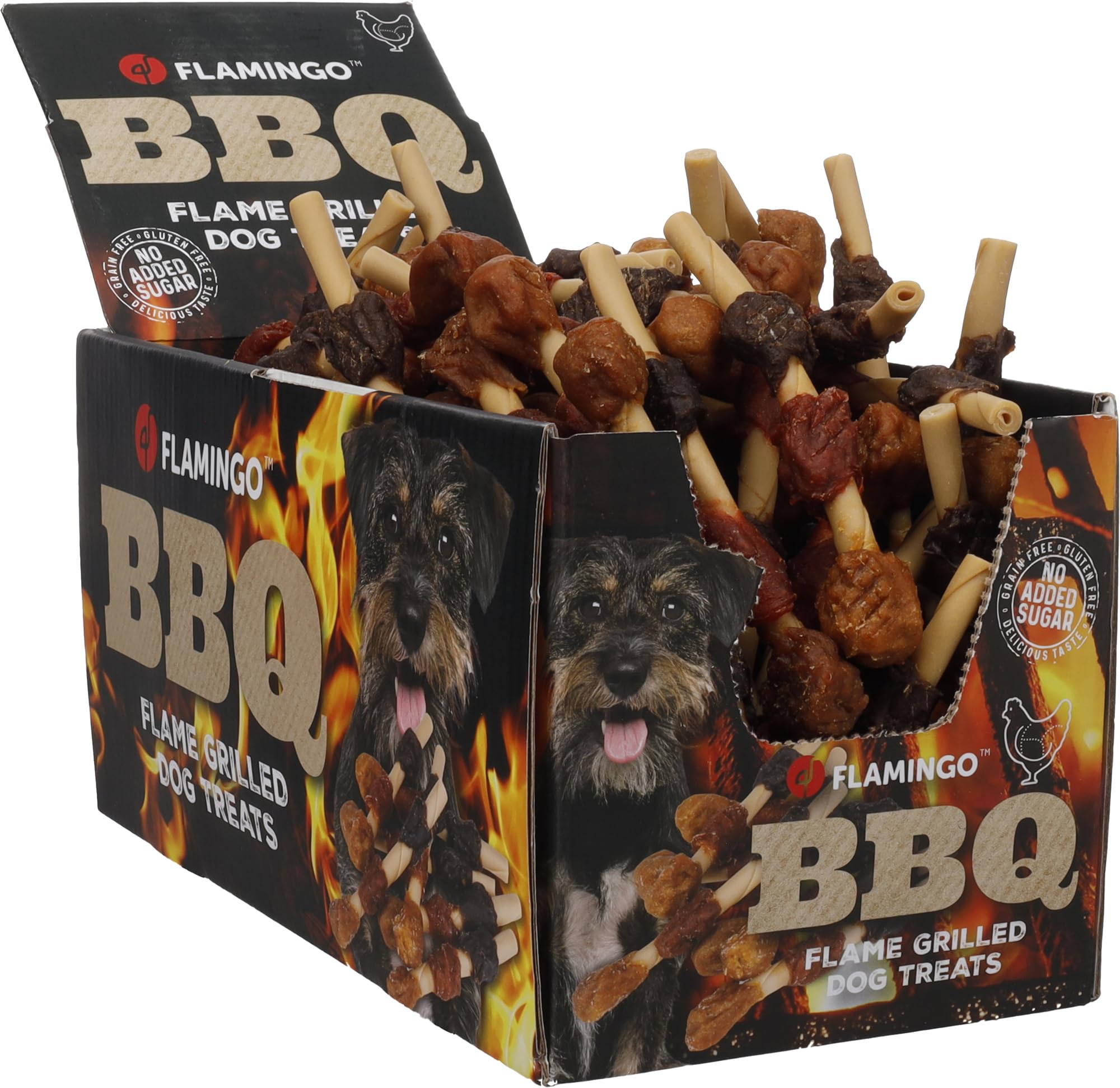 Snack per cani - Bastoncini per cani - Flamingo BBQ Spiedino con pollo e anatra - 12 x 2 x 2 cm - 2 kg display - ricco di proteine - senza glutine - senza cereali - senza zuccheri aggiunti