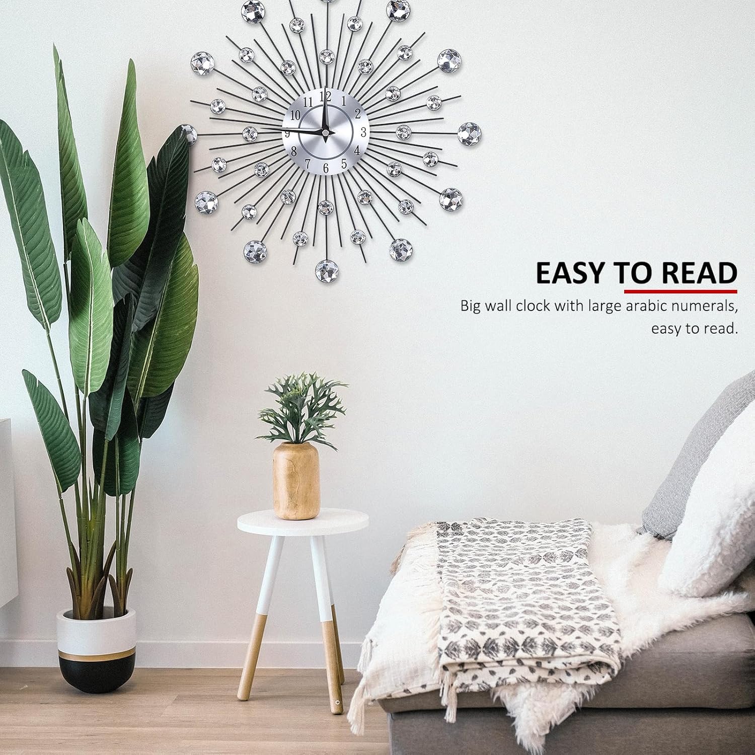 EVTSCAN 13inch Modern 3D Crystal Wall Clock Sparkling Bling Diamond-Studded Silver Wall Clock Round Flower Clock Metal Digital Needle Wall Decor for Kitchen Living Room Bedroom