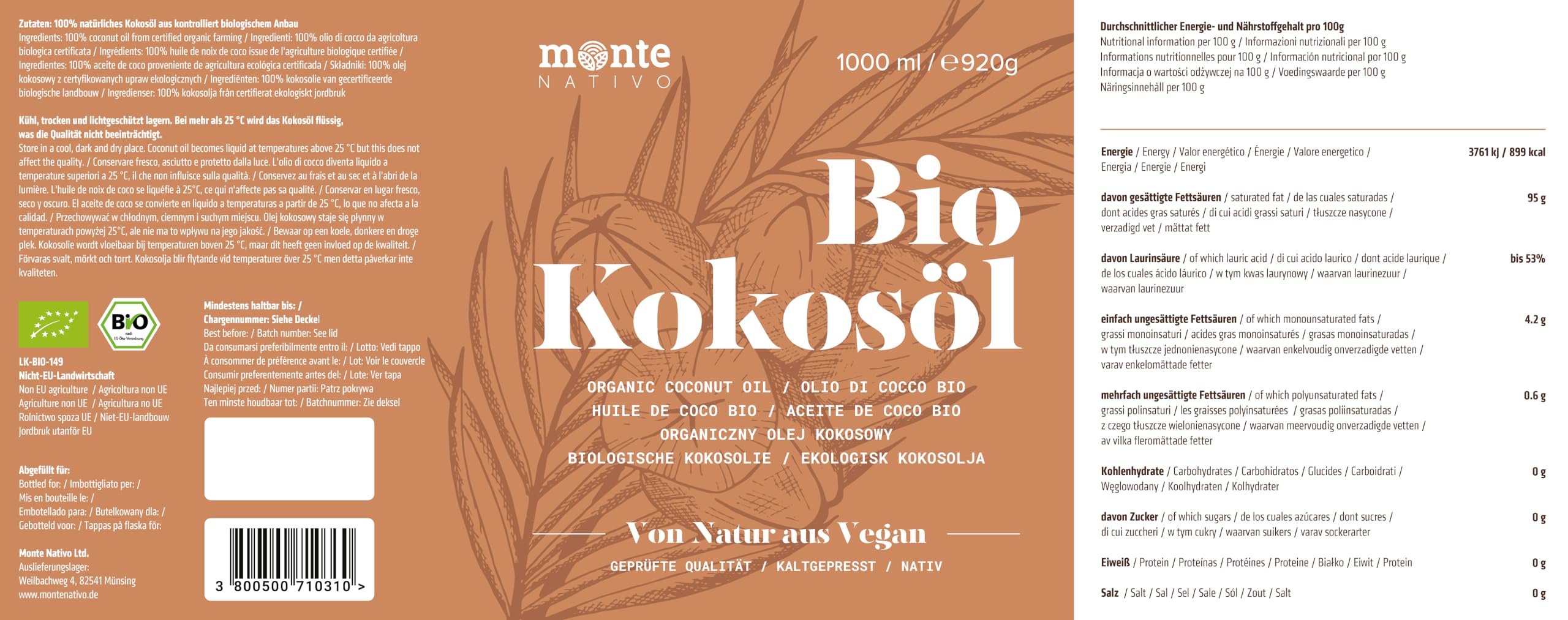 Kokosöl Bio Monte Nativo 1000ml (1L) - Coconut Oil - Kokosnussöl in Rohkostqualität - Reines Kokosfett - Bio Kokosöl nativ kaltgepresst zum Kochen, Braten und Backen, für die Haare, Zähne und Haut
