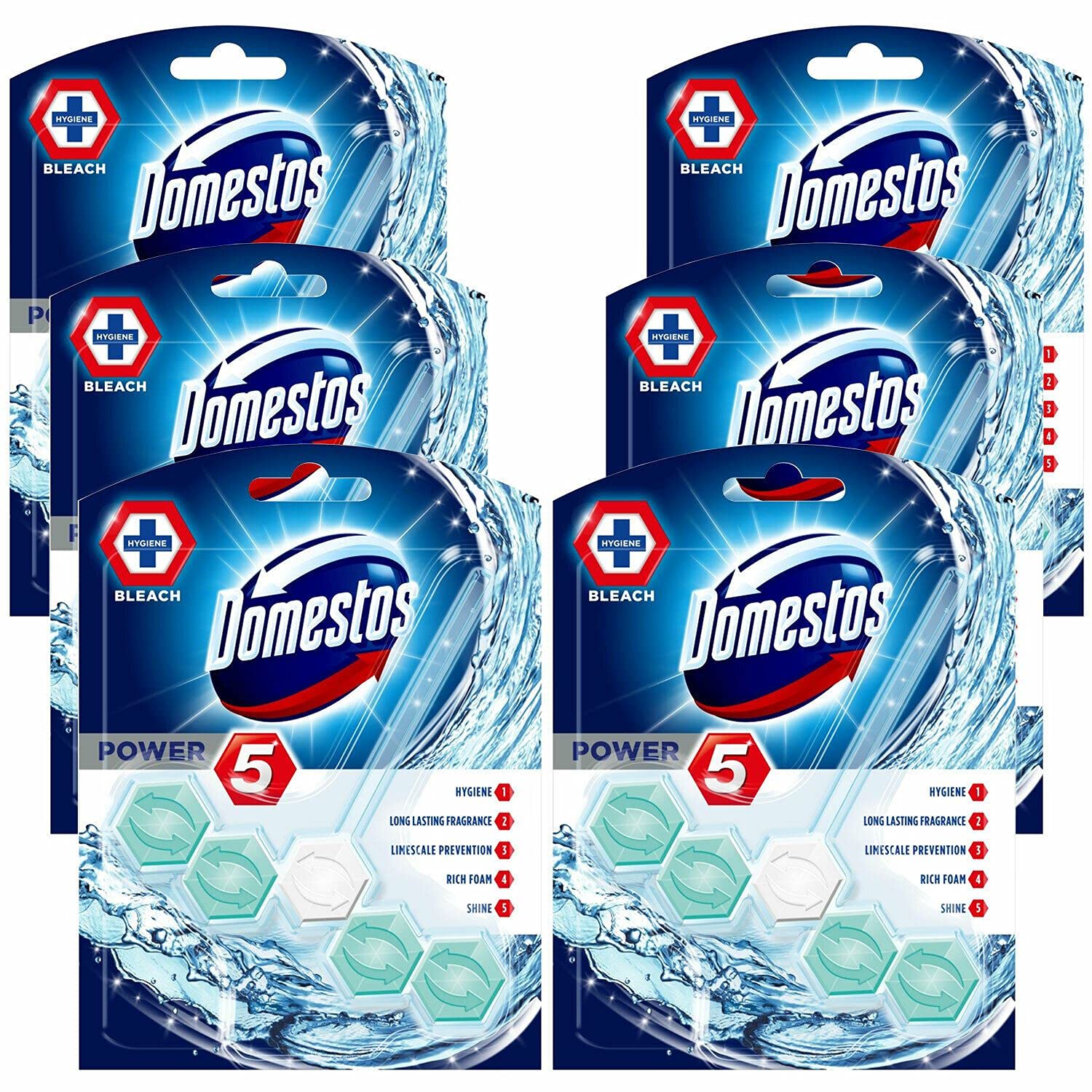 6 Pack of Domestos Power 5 ToiletBleach Toilet Blocks with 5 Benefits and Long Lasting Fragrances for Removing Limes and Bacs for Maintaining Freshness