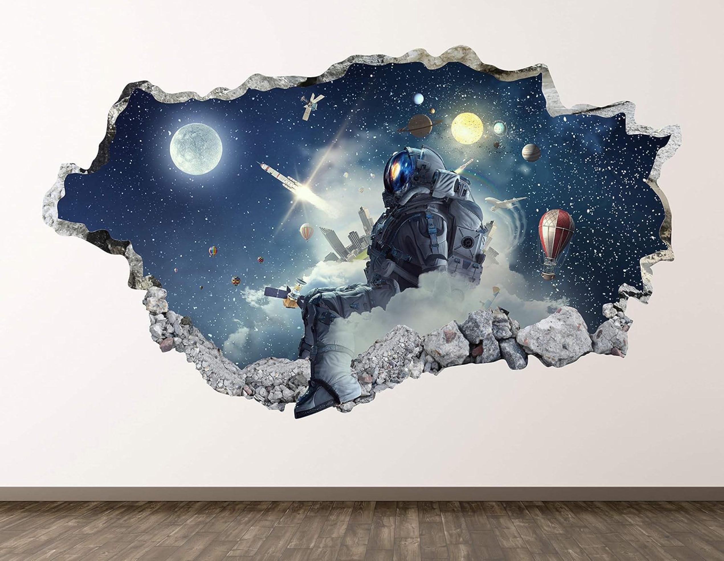 Adesivi 3D per decorazioni murali distruttiLuna Dell'astronauta Adesivo da parete Tatuaggio da parete per la decorazione della parete della cameretta dei bambini 70x122cm