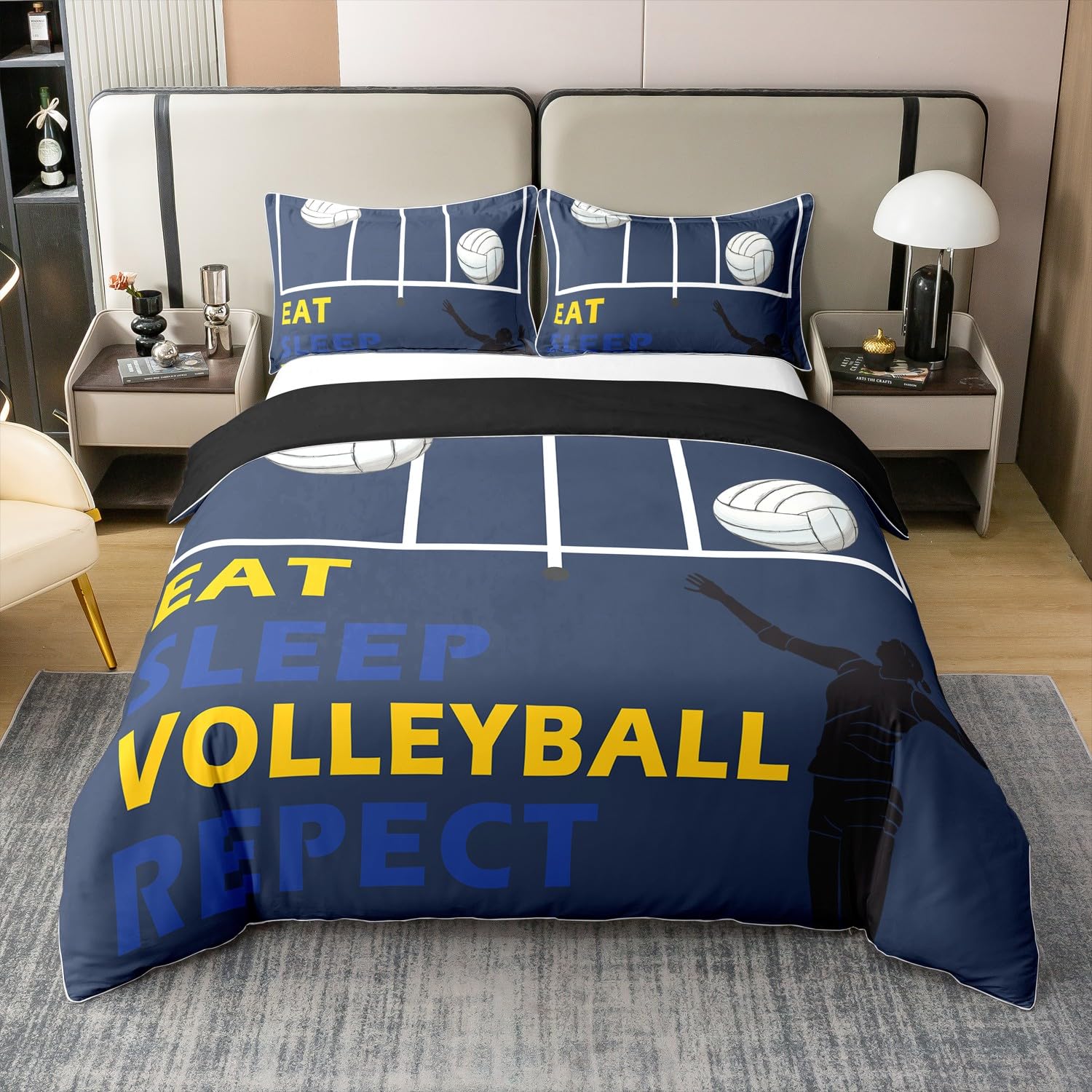 Womem Girls Volleyball Player Duvet Cover Full for Kids Boys Teens,Outdoor Sport 3PCS Duvet Cover,Sport Bedroom Ball Games Comforter Cover (Not Comforter),White Volleyball Pattern Quilt Cover