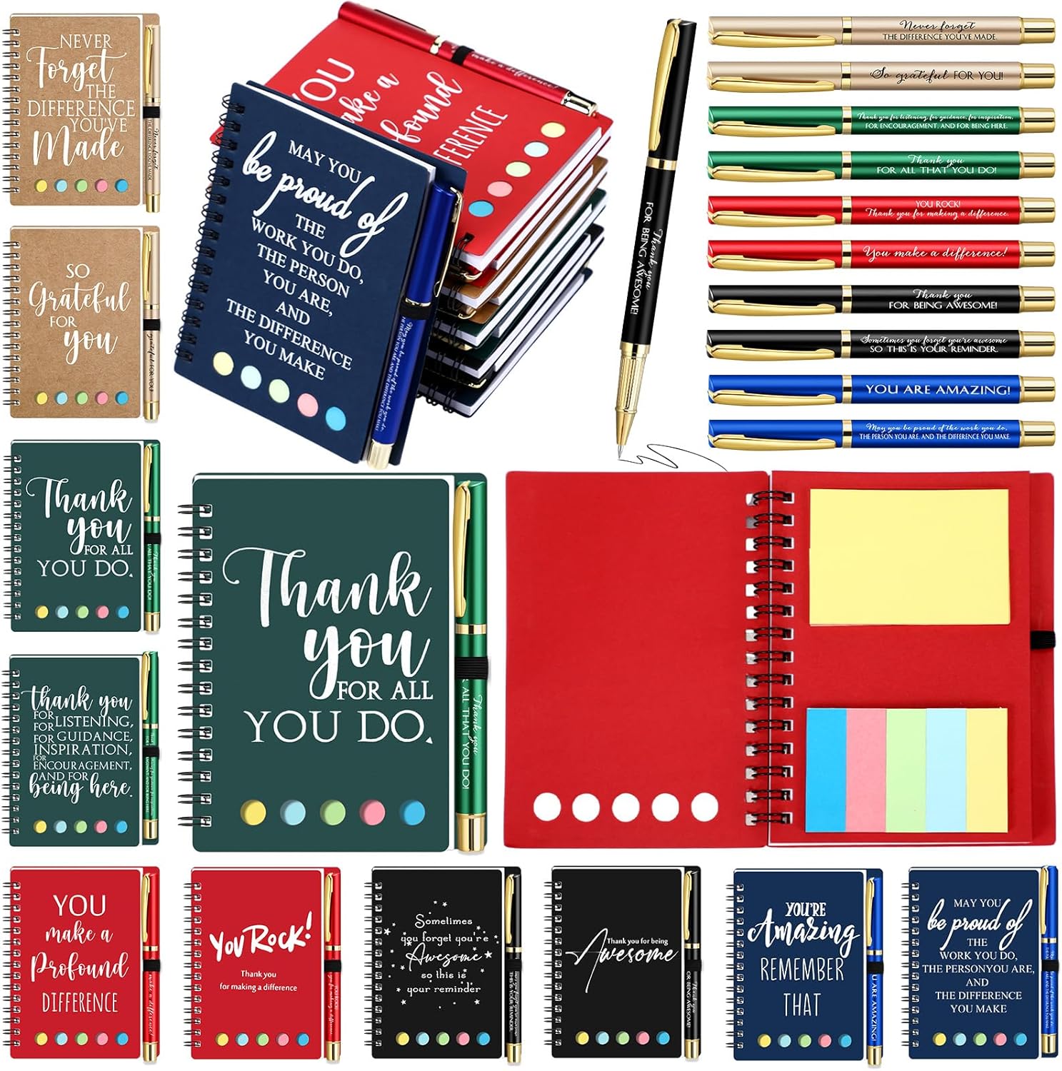 Chiisong Employee Appreciation Gifts Inspirational Spiral Notebook for Office Coworker Journals with Thank You Sticky Note Positive Pen Thank You Gift for Volunteer Nurse Team(Classic Black,30 Sets)
