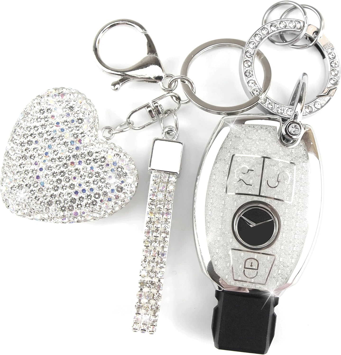 Key Fob Cover with Diamond Keychain Car Key Holder Compatible with Mercedes Benz C E M S CLS CLA GLK GLA GLC GLE AMG Class Protector for Women, 3 Buttons (Silver-Heart)