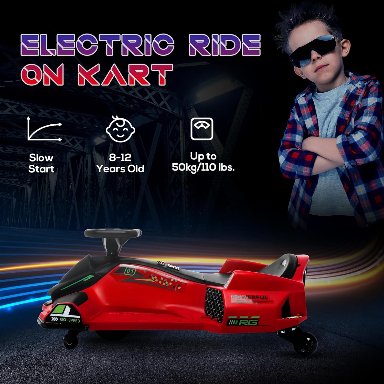 Aosom 12V Electric Go Kart, 5 MPH Drifting Car, Battery Powered Ride on Toy Outdoor with Slow Start, Music, Colorful Lights, for 8-12 Years Old, Red