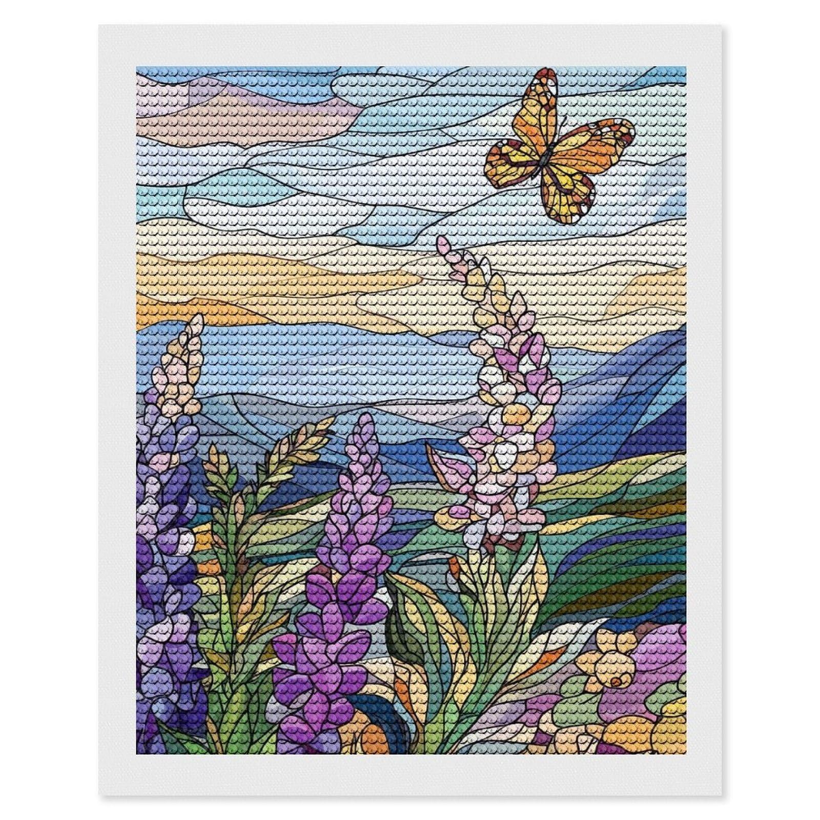 Junmoney Stained Glass Butterfly & Flowers Diamond Painting Kit 16"x20", Thoughtful Handmade Gift, for Creative Relaxation, Printed Canvas, Cosy Home Accent