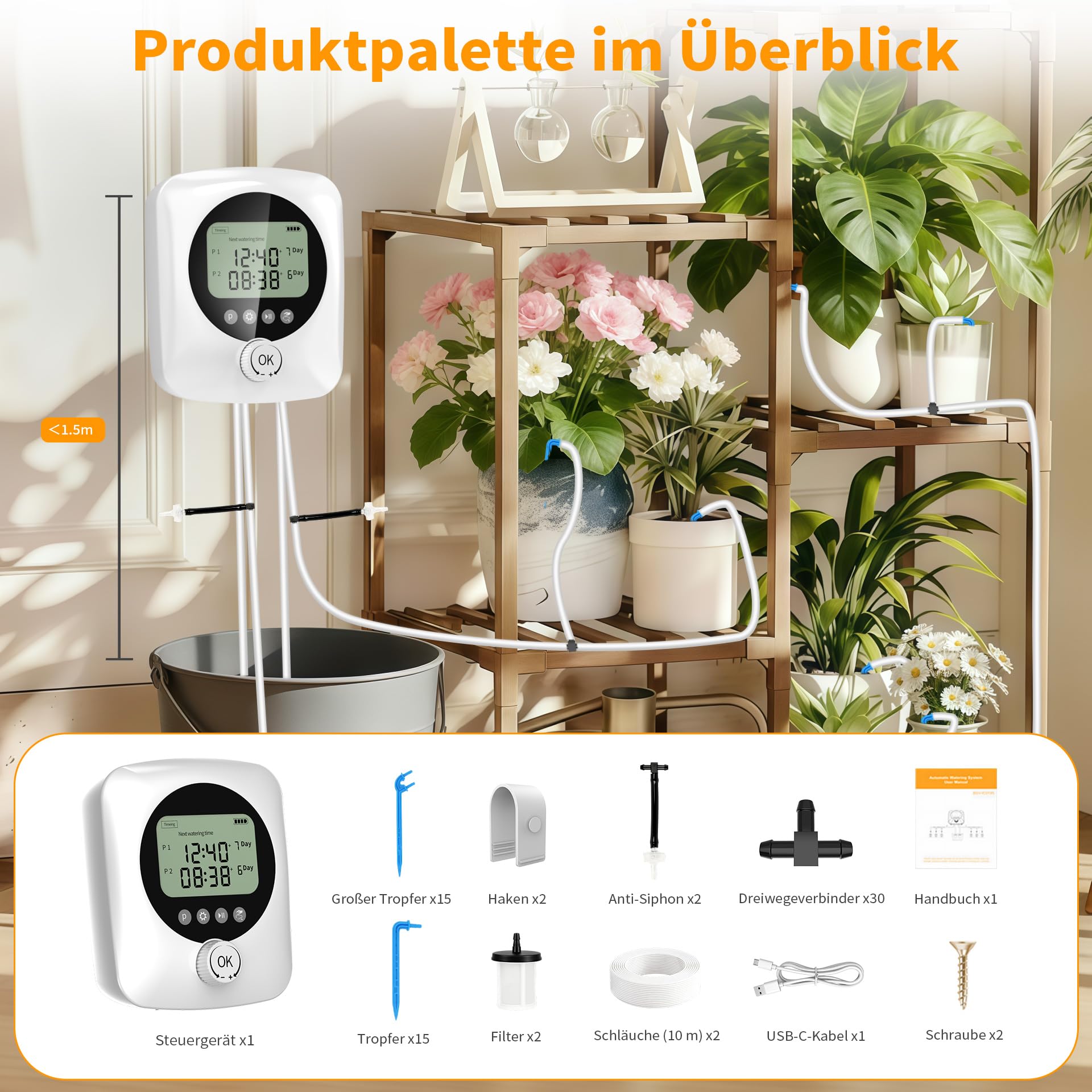 Automatische Bewässerung Pflanzen BewässerungssystemTropfbewässerung Indoor Garten Bewässerung mit Doppelte Pumpe Unabhängige Kontrolle, DIY Tropfbewässerungsset mit Einstellbar für Balkon