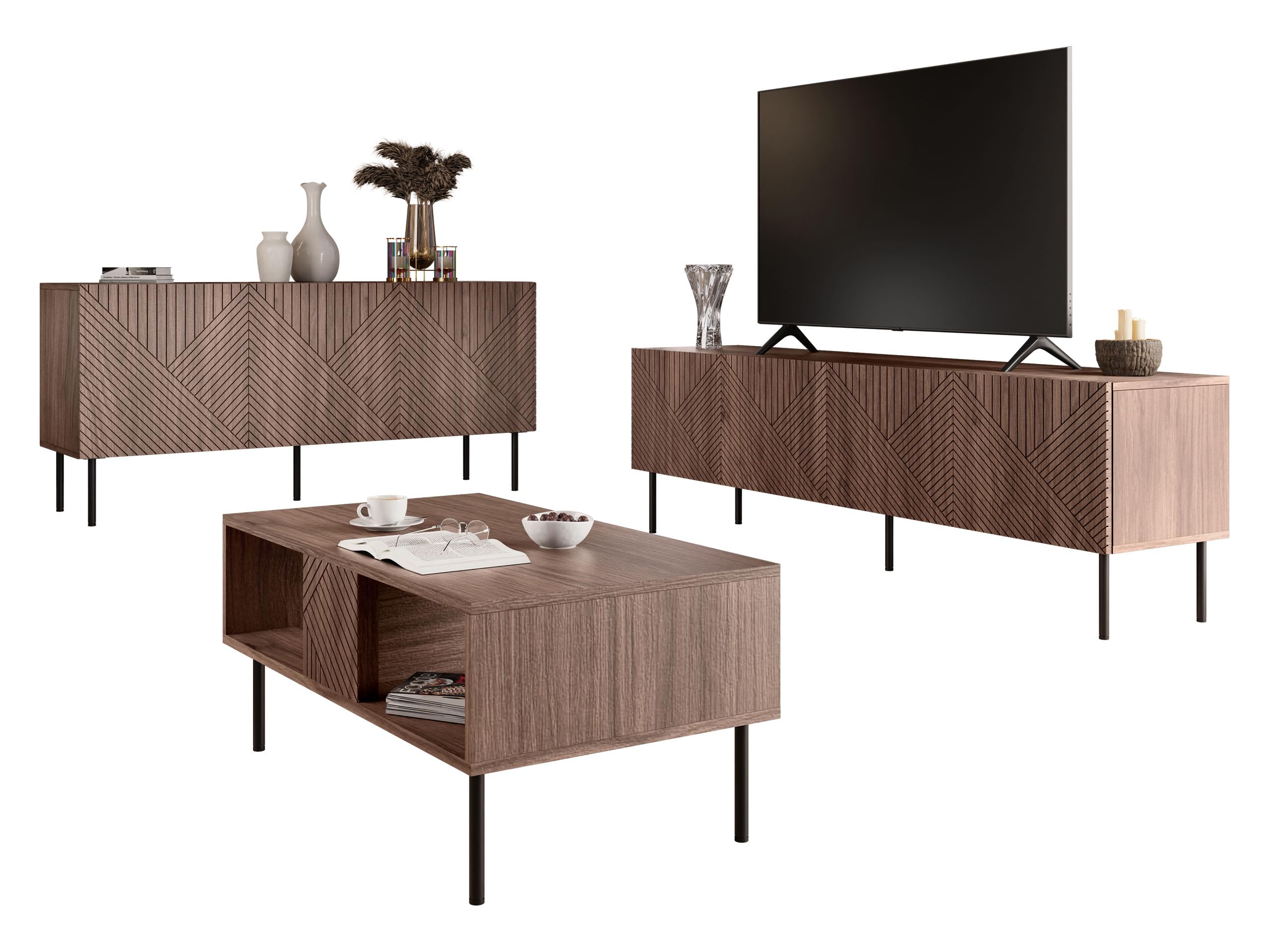 Mirjan24 Wohnzimmer-Set Aropo I, Wohnzimmerschrank, gefräster Front, Griffloses Öffnungssystem, Kommode mit 3 Türen, 6 Fächer, TV-Lowboard mit 4 Türen und 4 Fächer, Couchtisch (Nuss Warmia)