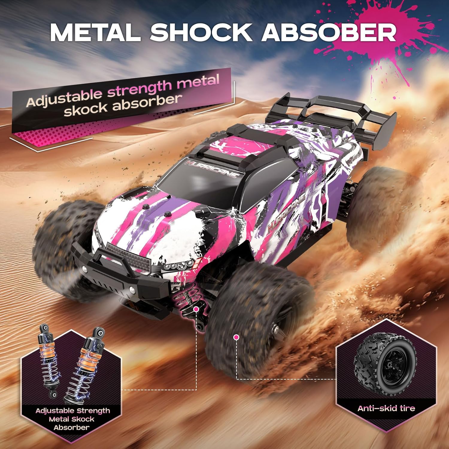 YESHIN 1:18 Waterproof Pink RC Car Toys, 4X4 All Terrain Hobby Remote Control Truck with 2 Rechargeable Batteries, Toy Vehicle Gift for Adults
