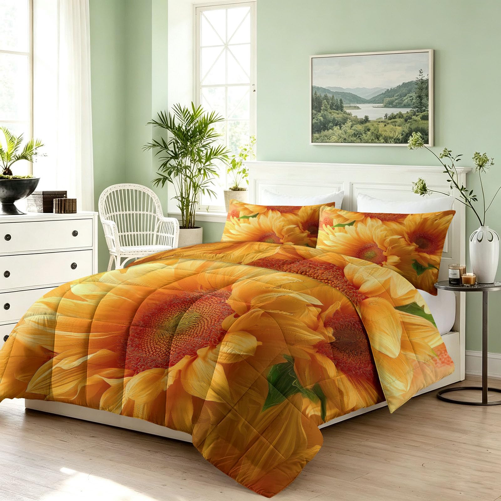 Piumino 200 x 200 cm, 4 stagioni, morbido e anallergico, senza rivestimento, con motivo floreale, girasoli e foglie verdi, leggero e lavabile, per tutto l'anno, con 2 federe