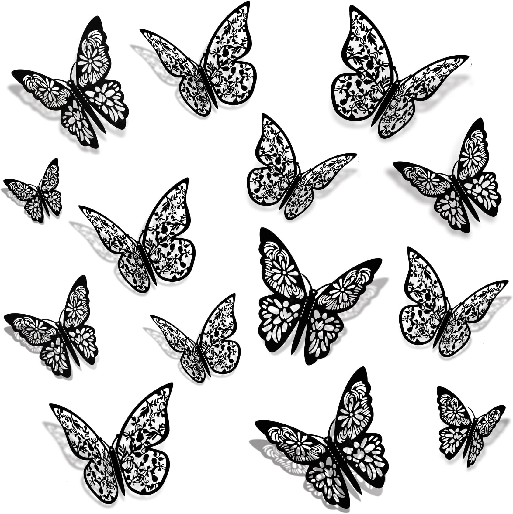 Gold 3D Butterfly Wall Decor, HKFUON 3 Sizes Removable Paper Butterfly Wall Stickers Decorations, Butterflies Decals for Party Birthday Cake Baby Shower Bedroom Wedding Crafts Decor (Black, 48pcs)