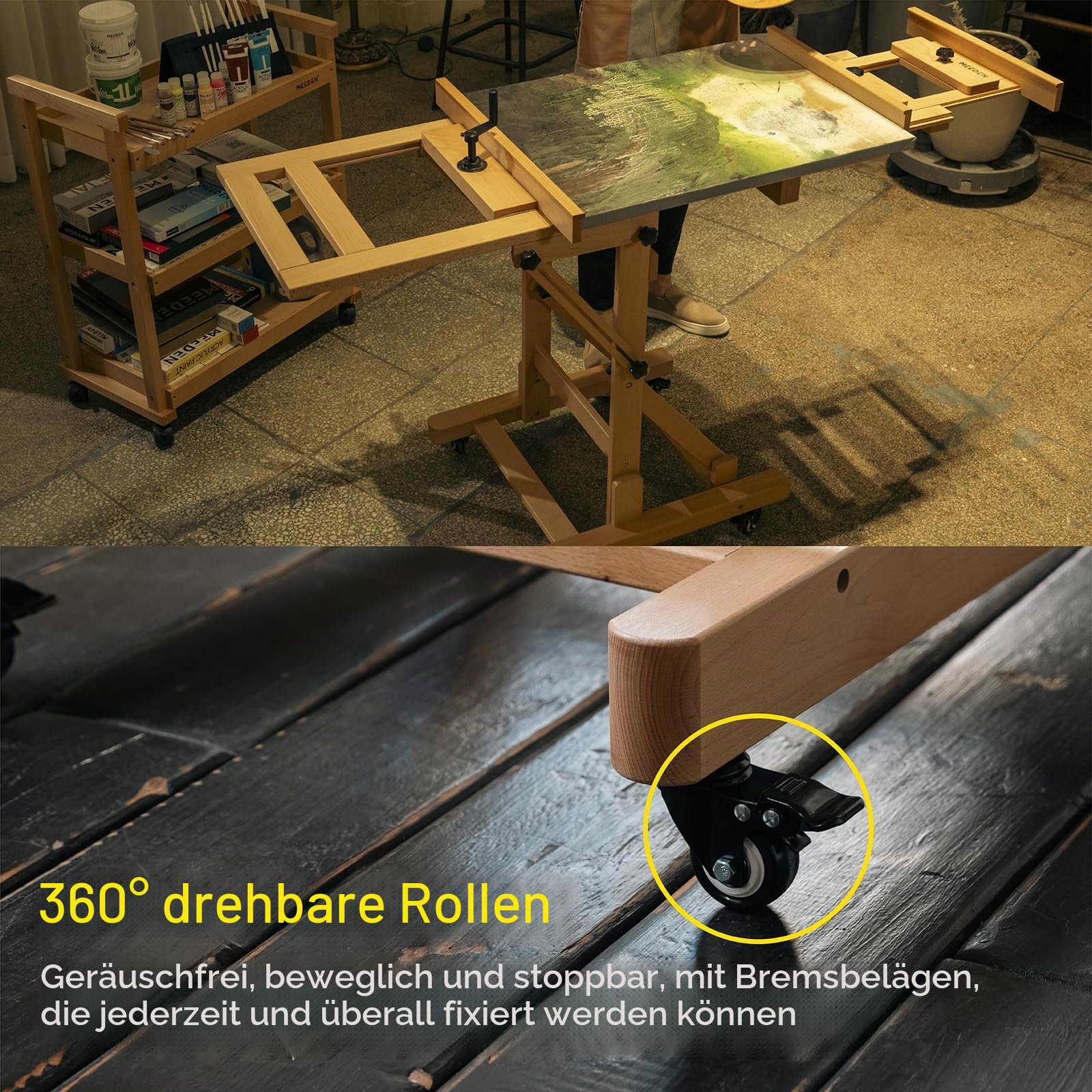 MEEDEN Deluxe große Staffelei mit Kurbel: Robuste Künstler-Malstaffelei | Massives Buchenholz mit verstellbarer Höhe - Bewegliche & Neigbare Flache H-Rahmen-Staffelei hält Kunstleinwand bis zu 195cm