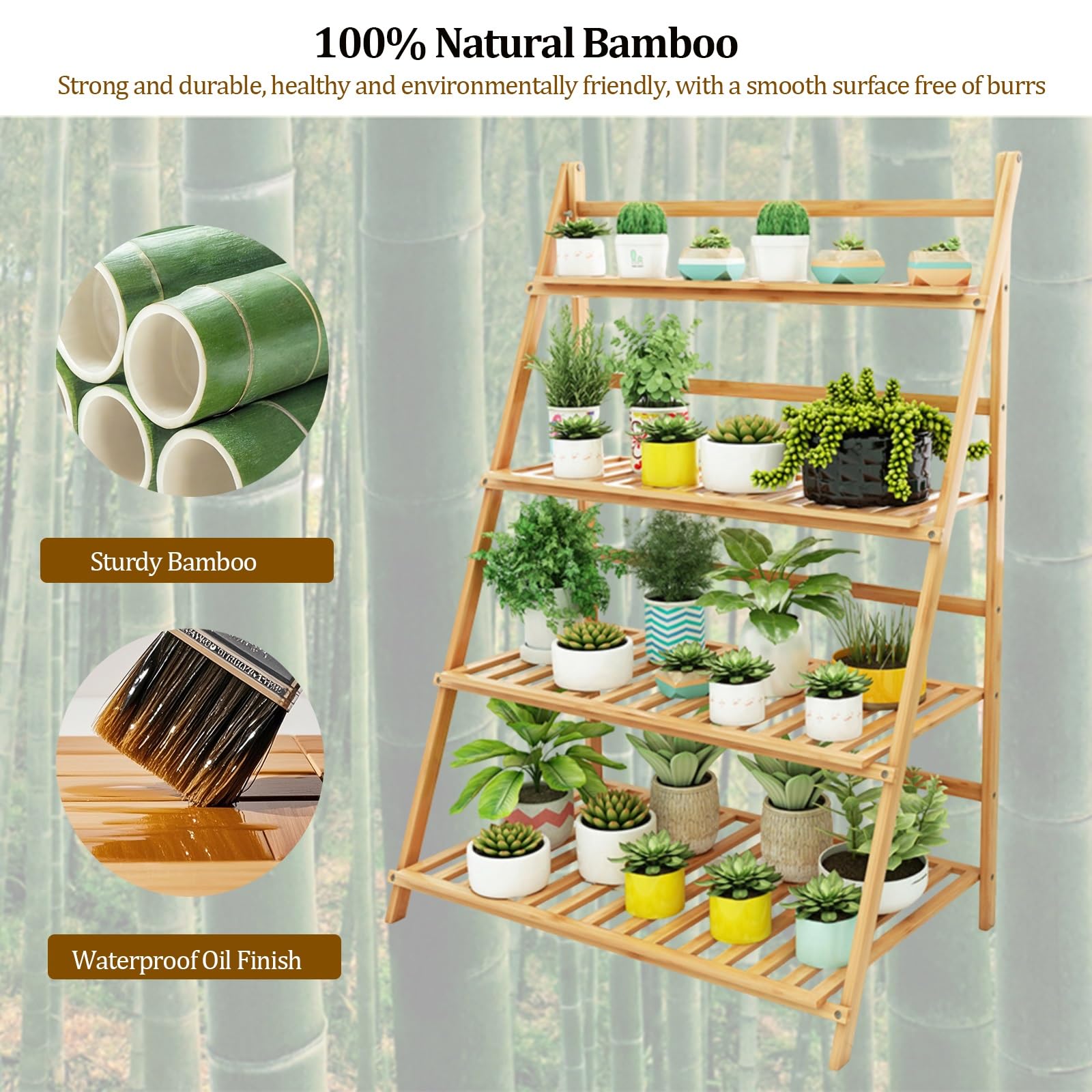 Support échelle pliable en bambou pour pot de fleurs et plantes grasses pour intérieur/extérieur, jardin et balcon – Étagère d'angle élégante (80 cm, 4 niveaux)