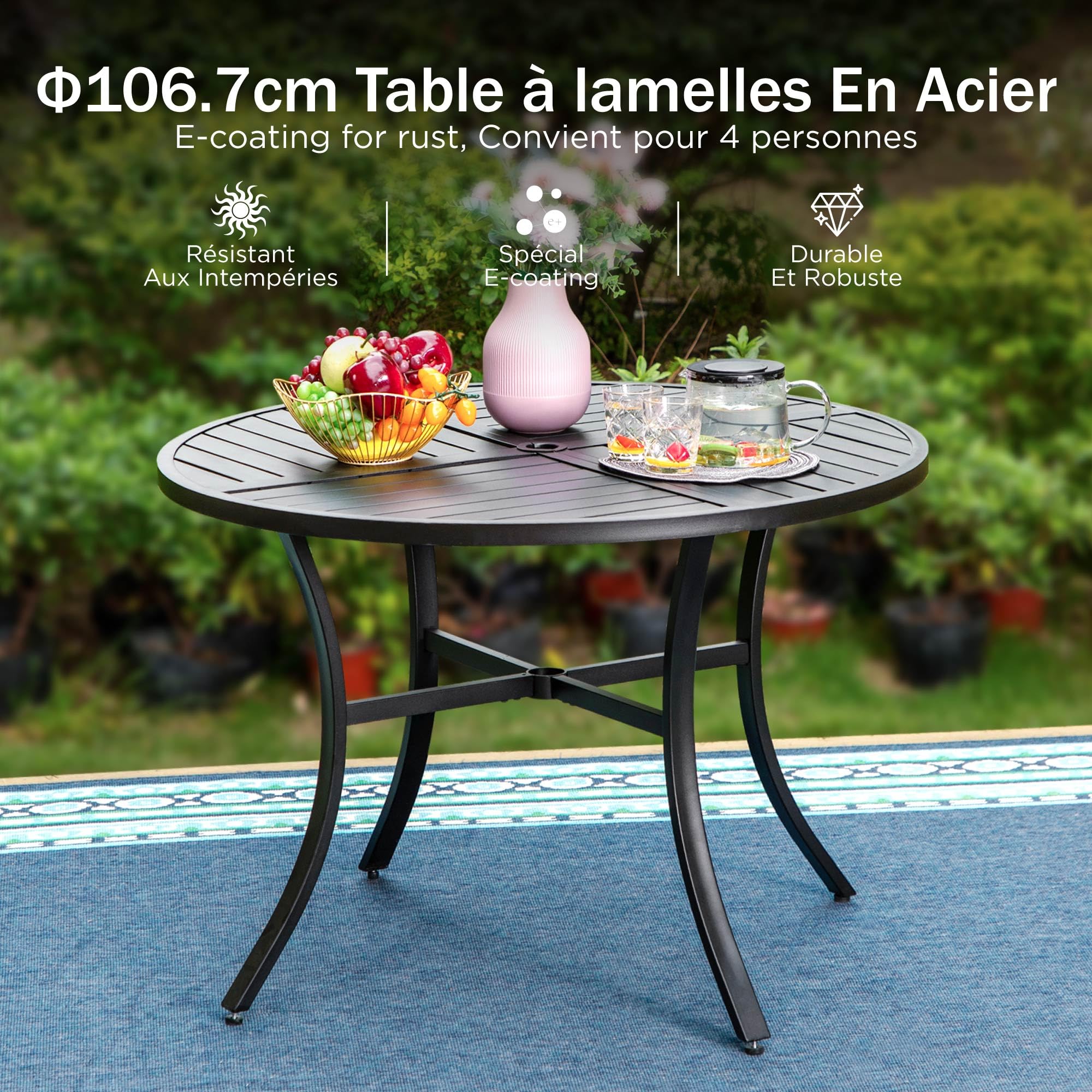 PHI VILLA Table a Manger de Jardin Exterieur, Table d'appoint Cuisine à Manger avec Trou de Parasol pour Terrasse 4 Personnes Ronde Fer Forge
