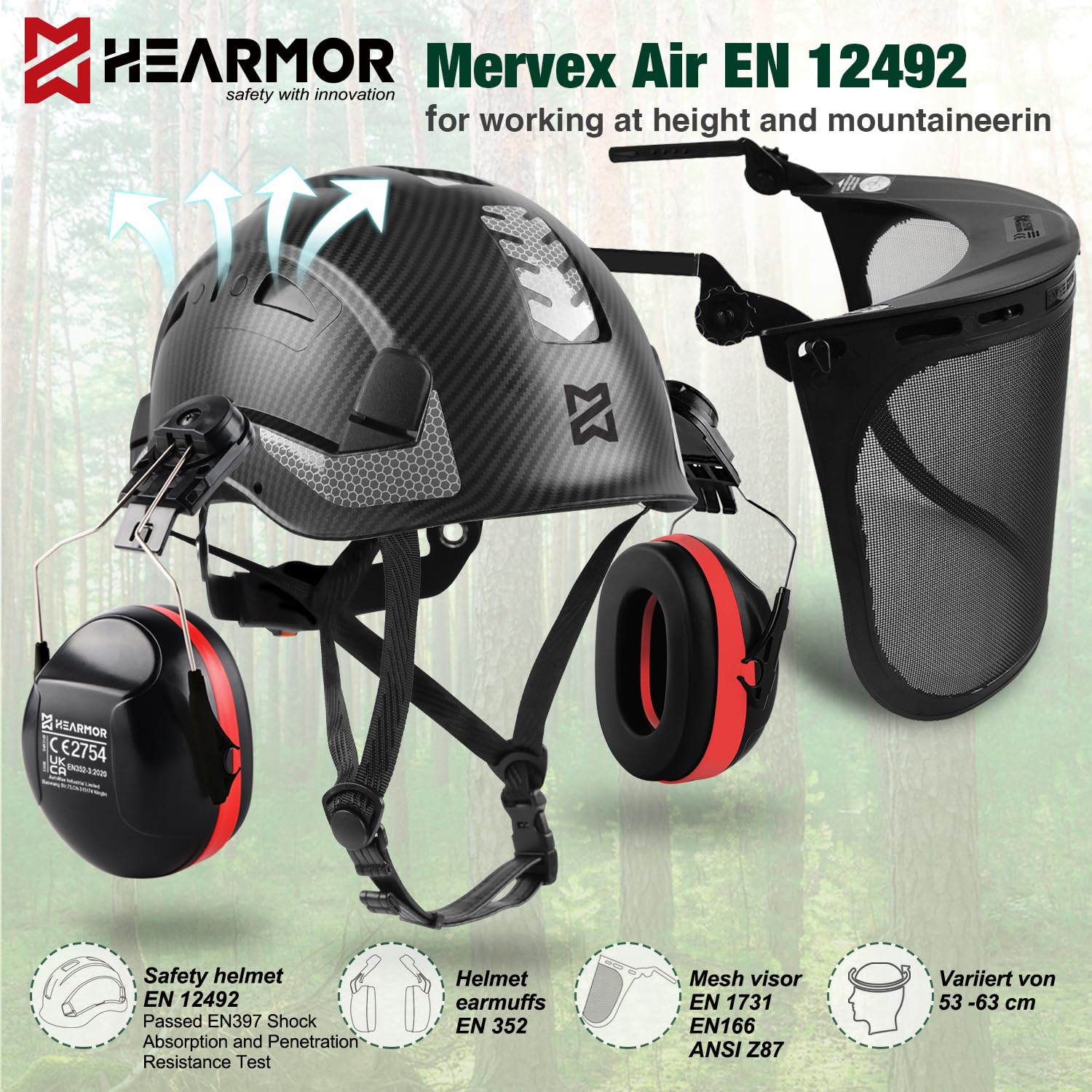 HEARMOR Mervex Forest Air – Casco de protección ABS para trabajos de alto trabajo en el sector forestal, certificación EN12492, aprobado EN397, absorción de impactos y resistencia a la penetración