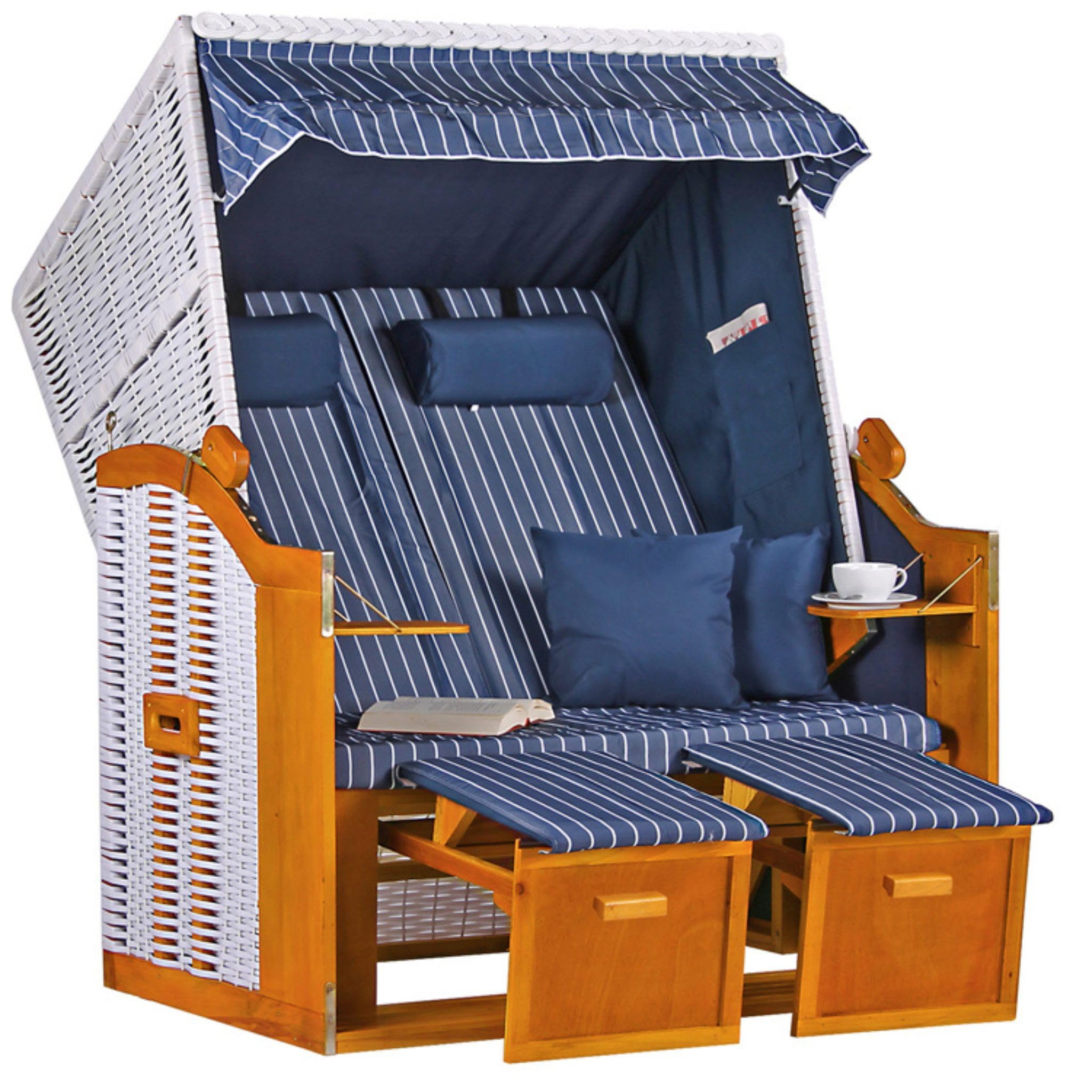 Mr. DEKO® Strandkorb Baltique rotin PE Blanc Bleu | qualité Premium | résistant Pluie Vent | Fauteuil-Cabine détente | mobilier de Jardin et Balcon extérieur, Coin Repos Chic