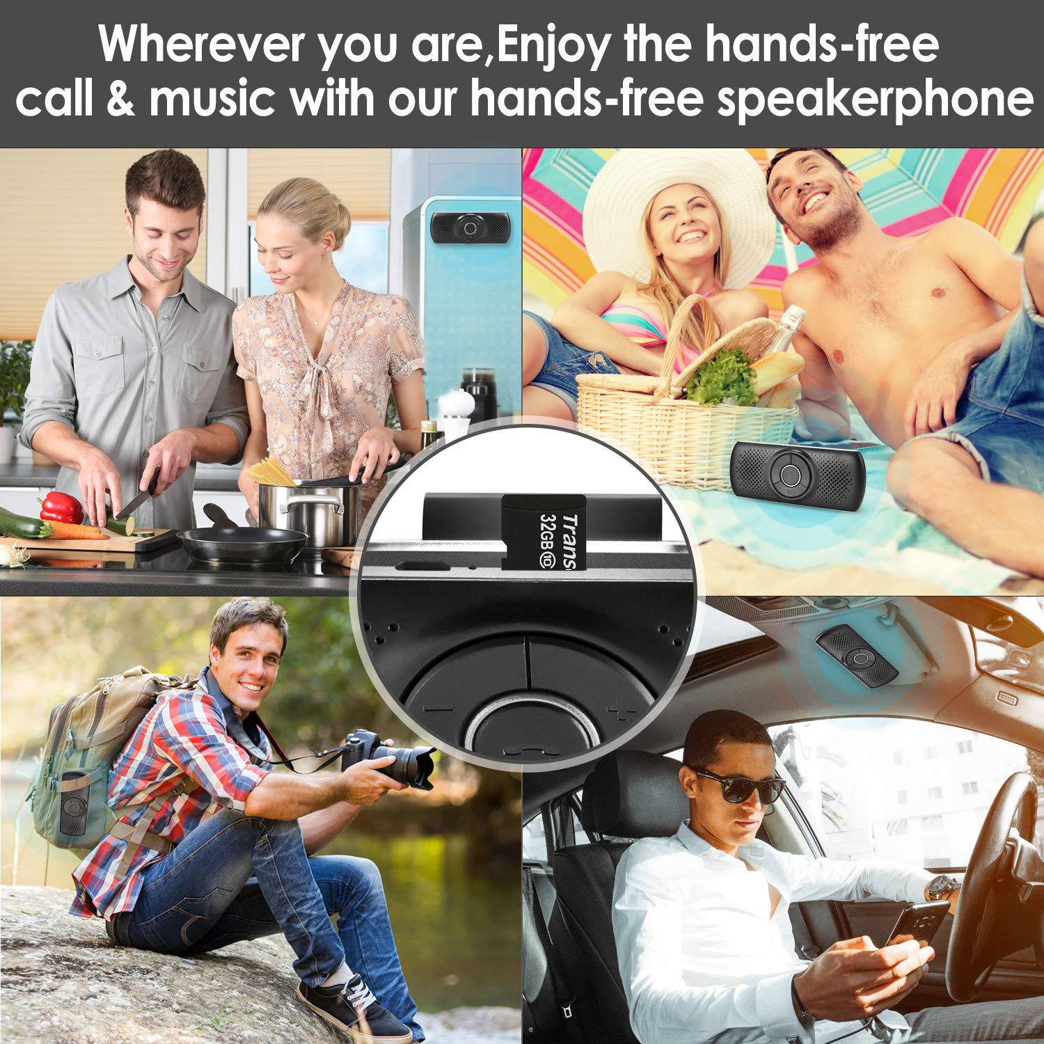 Kit Mains Libres pour Voiture Bluetooth 5.0, Haut-Parleur de Voiture avec Clip de visière Bluetooth, Basses stéréo améliorées/Micro intégré/Lecteur de Carte TF Siri&Assistant Google (Argent)