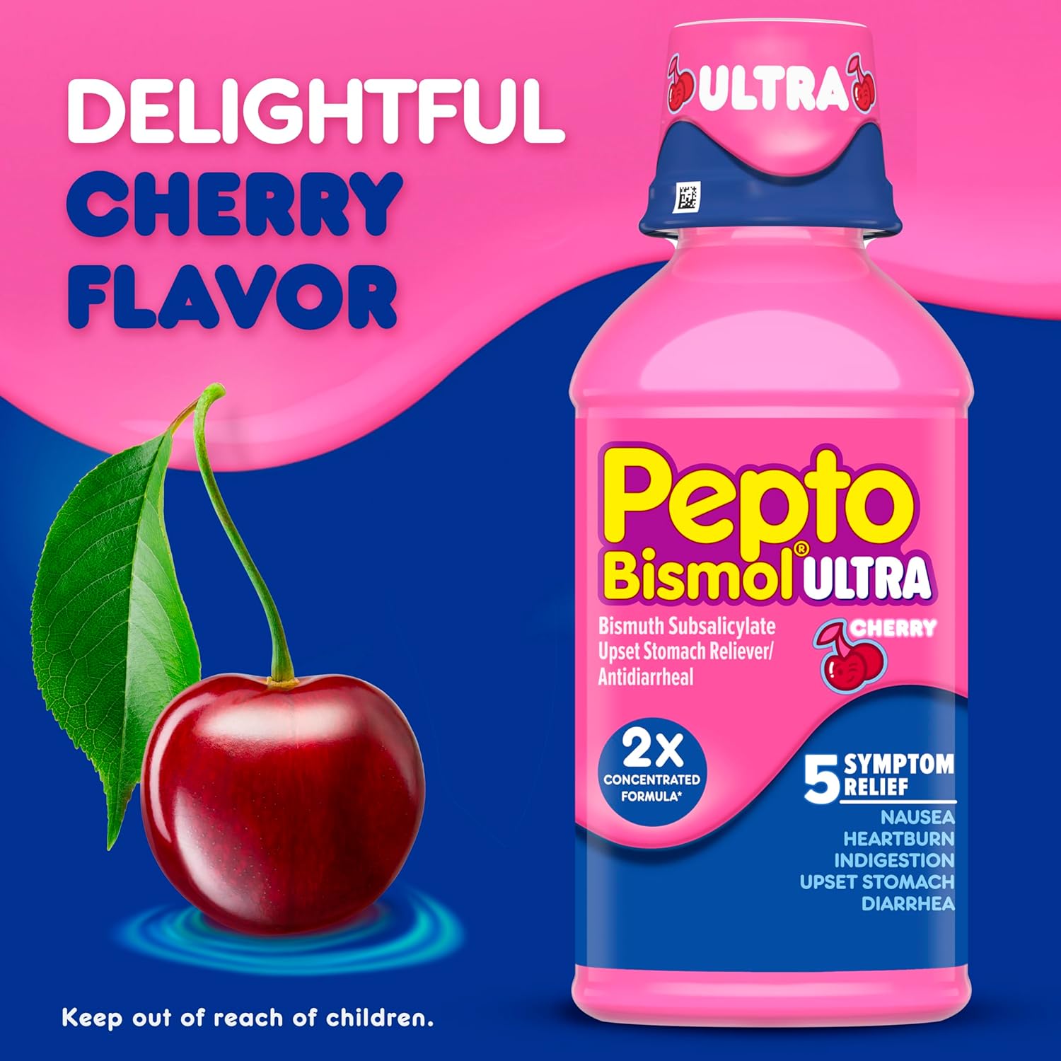 Pepto Bismol ULTRA Liquid for Nausea, Heartburn, Indigestion, Upset Stomach, and Diarrhea - 5 Symptom Fast Relief Medication for Adults, Cherry Flavor, 2x16 oz