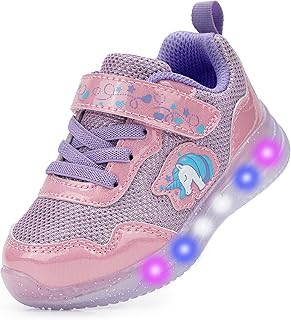 YESKIS Girls Light Up Shoes Cartoon Running Sneakers Pink Purple 7 | LED Flashing Tennis Lightweight Breathable Running Adorable Sneakers for Toddler