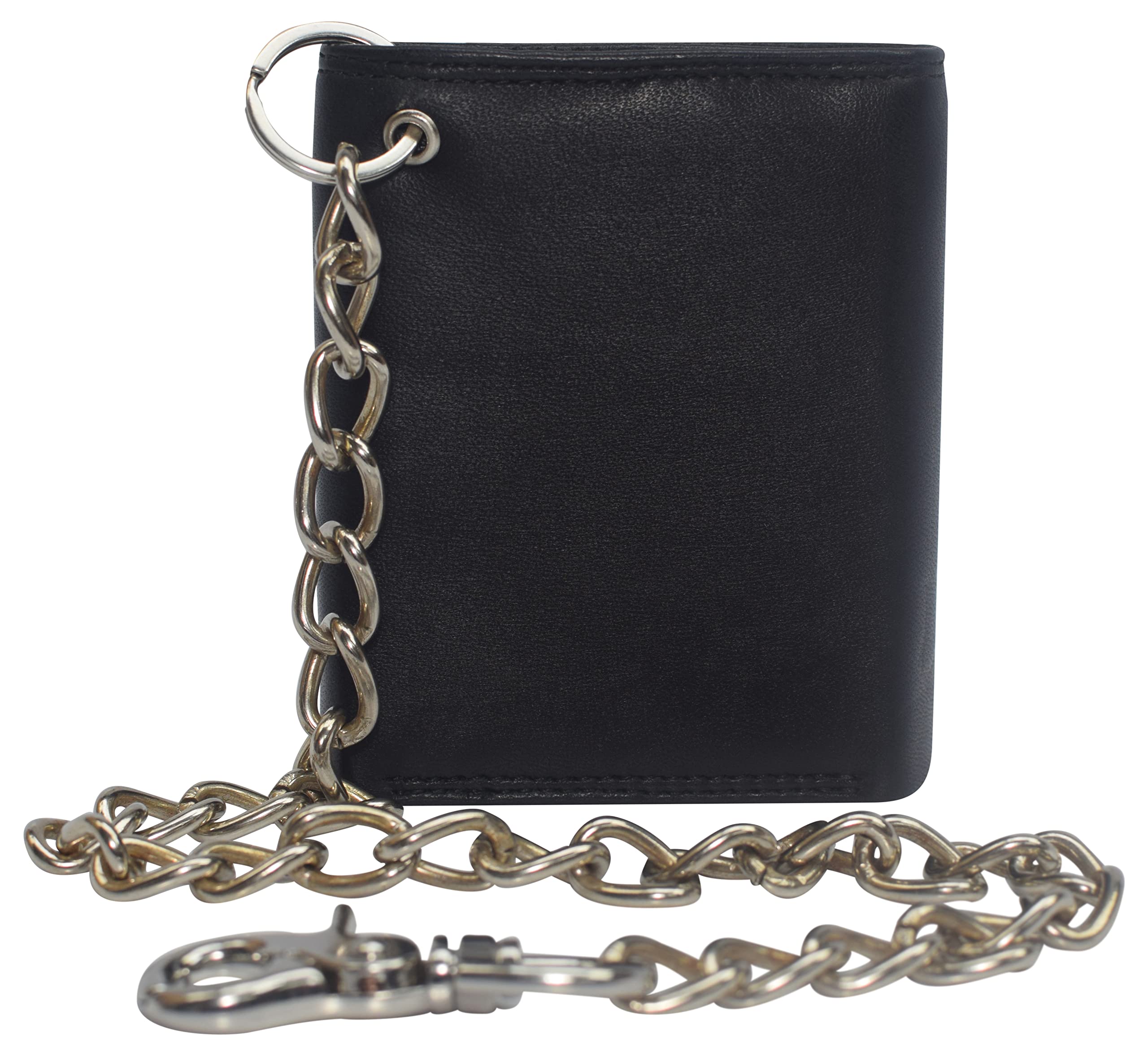 Swiss Marshall Men's RFID Blocking Premium Leather Chain Trifold Wallet (Black with 15 inch Nickle Chain)