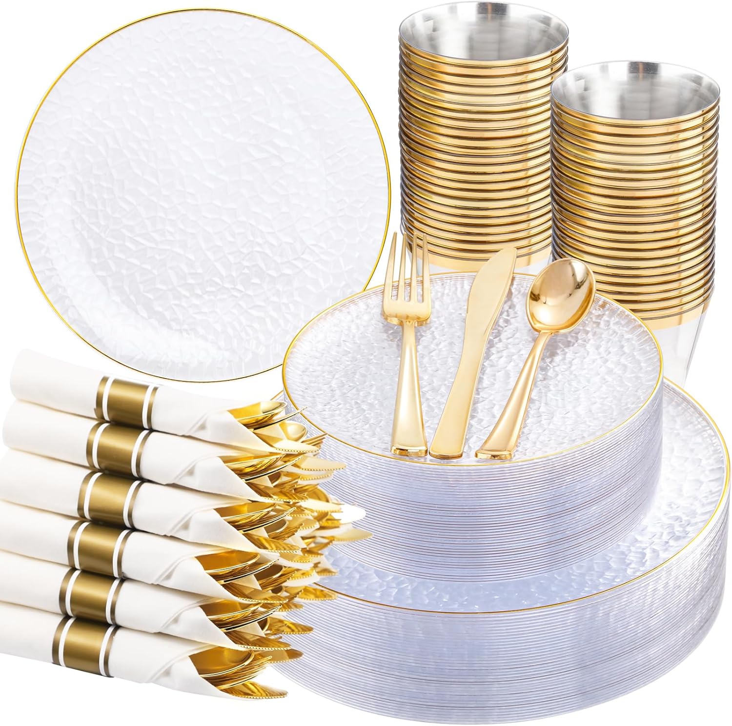 Hioasis 350pcs Clear Gold Plastic Plates - Clear Plastic Dinnerware Set Includes 50 Dinner Plate, 50 Dessert Plate, 50 Cups, 50 Napkins Perfect for Wedding & Party Clear and Gold 350 Pieces (50 Guests)