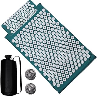 VINTEAM Acupressure Mats with Pillow Mat for Back Neck Relief Massage, Pranamat Yaga Mat with Carry Bag - Green