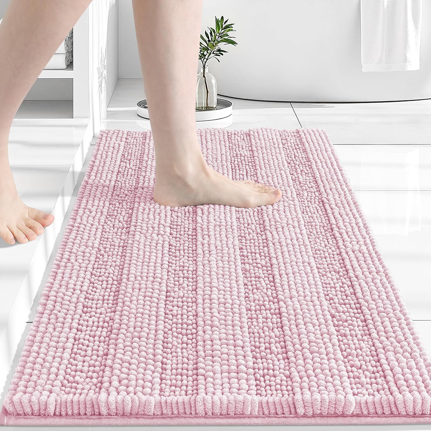 Grandaily Chenille Striped Bathroom Rugs 30x20, Extra Thick and Absorbent Bath Mats, Non-Slip Soft Plush Shaggy Shower Carpet, Machine Wash Dry, Bath Rug for Bathroom, (Medium, Pink)