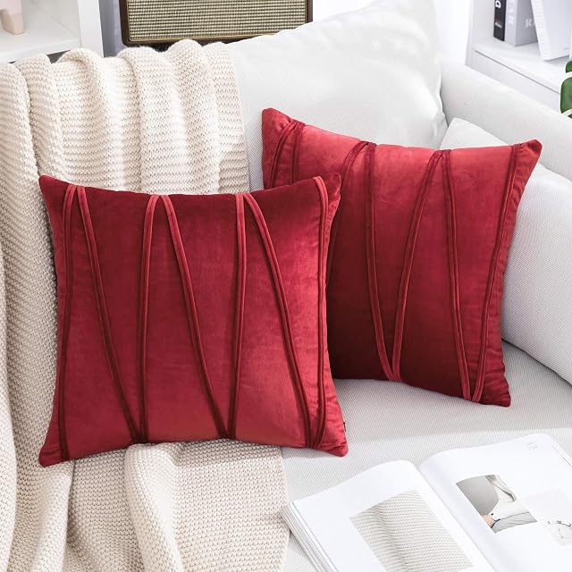 MIULEE Striped Velvet Cushion Cover Soft Solid Decorative Square Pillow Case Throw for Sofa Couch Bedroom with Invisible Zipper 2 Pieces 16"x16" 40x40cm Wine Red