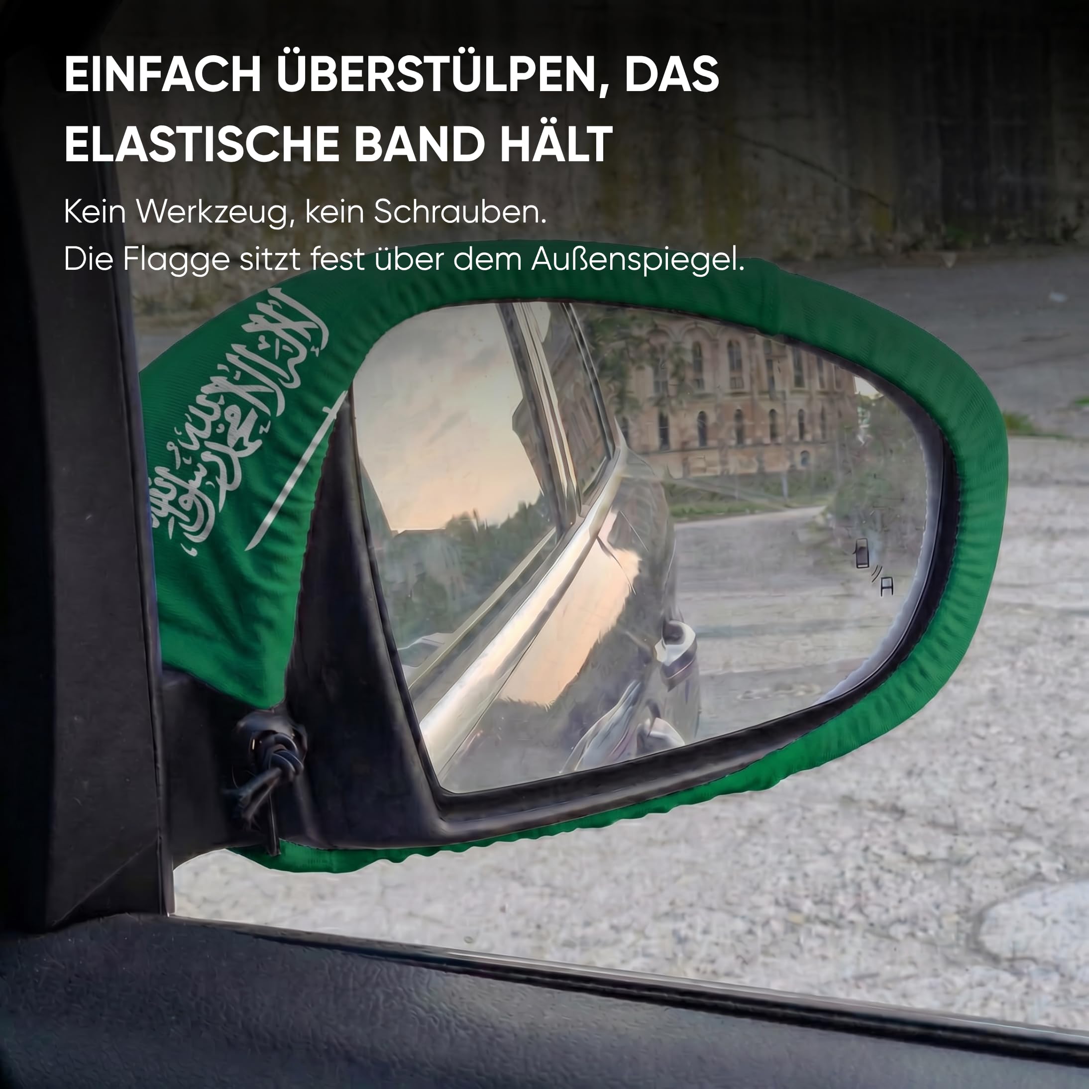 Auto Fahnen Saudi-Arabien Komplett Set - Motorhaubenfahne, 2 Autofahnen Fenster & 2 Außenspiegelfahnen, Fußball Fanartikel FZG für EM & WM, Saudische Flagge Fahrzeug Deko