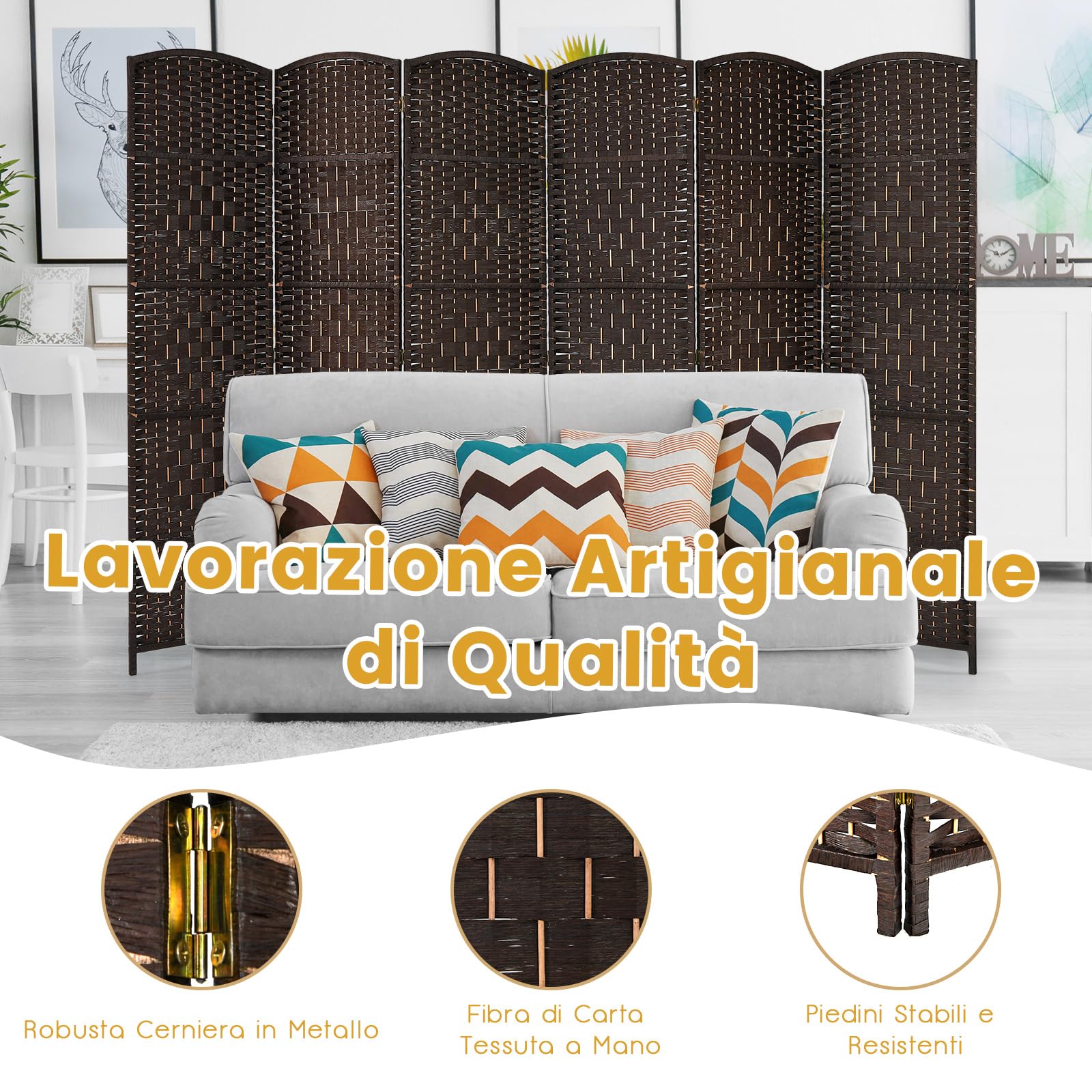 COSTWAY Paravento da Interno ed Esterno 6 Pannelli, Separé Divisorio Pieghevole in Carta Intrecciata a Mano e Cornice in Legno Massello per Camera da Letto, Soggiorno e Ufficio, 273 x 180 cm (Marrone)