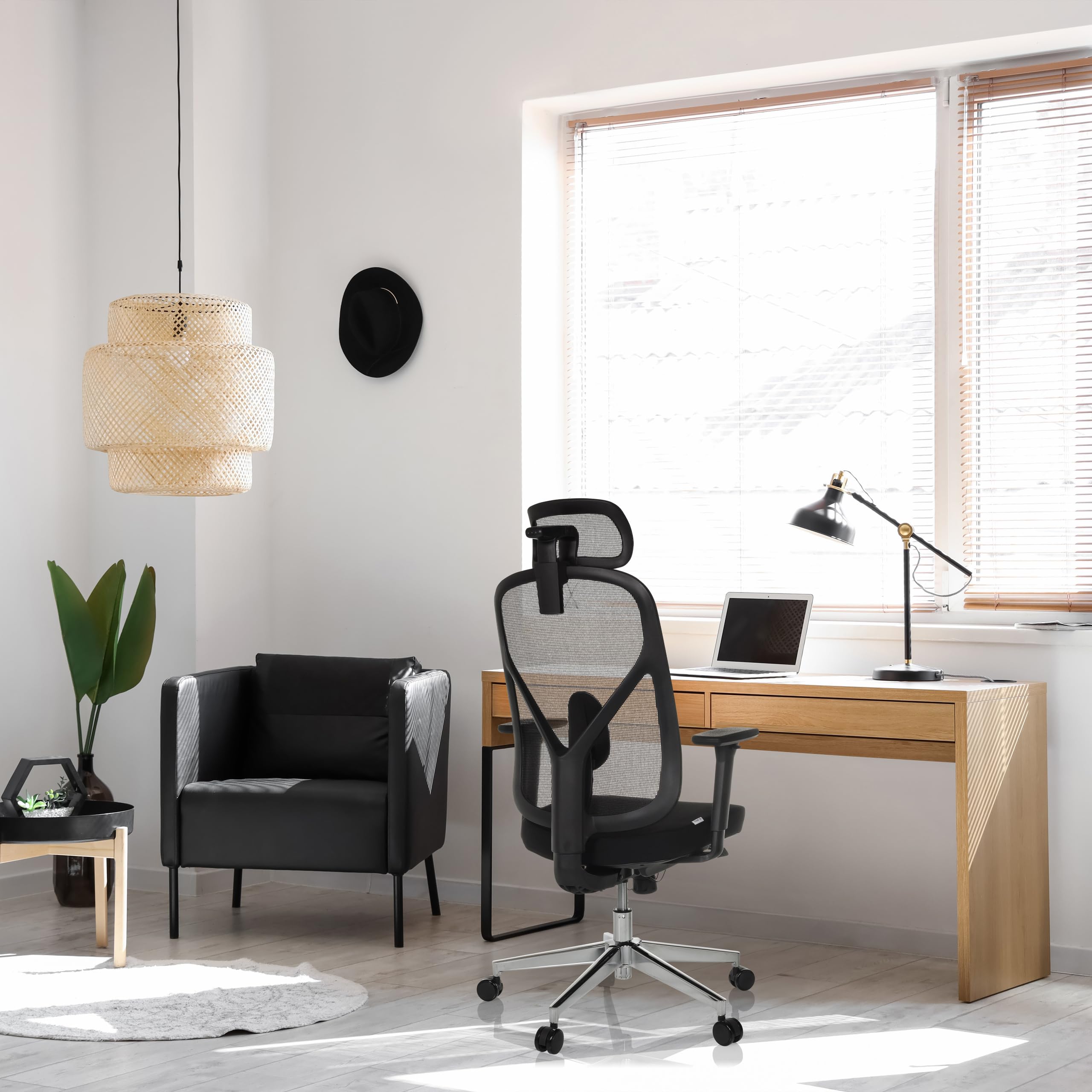 hjh OFFICE Bürostuhl ergonomisch RALOO PRO Netz Drehstuhl mit Verstellbarer Kopf- und Lordosenstütze, Sitztiefenverstellung, Schwarz