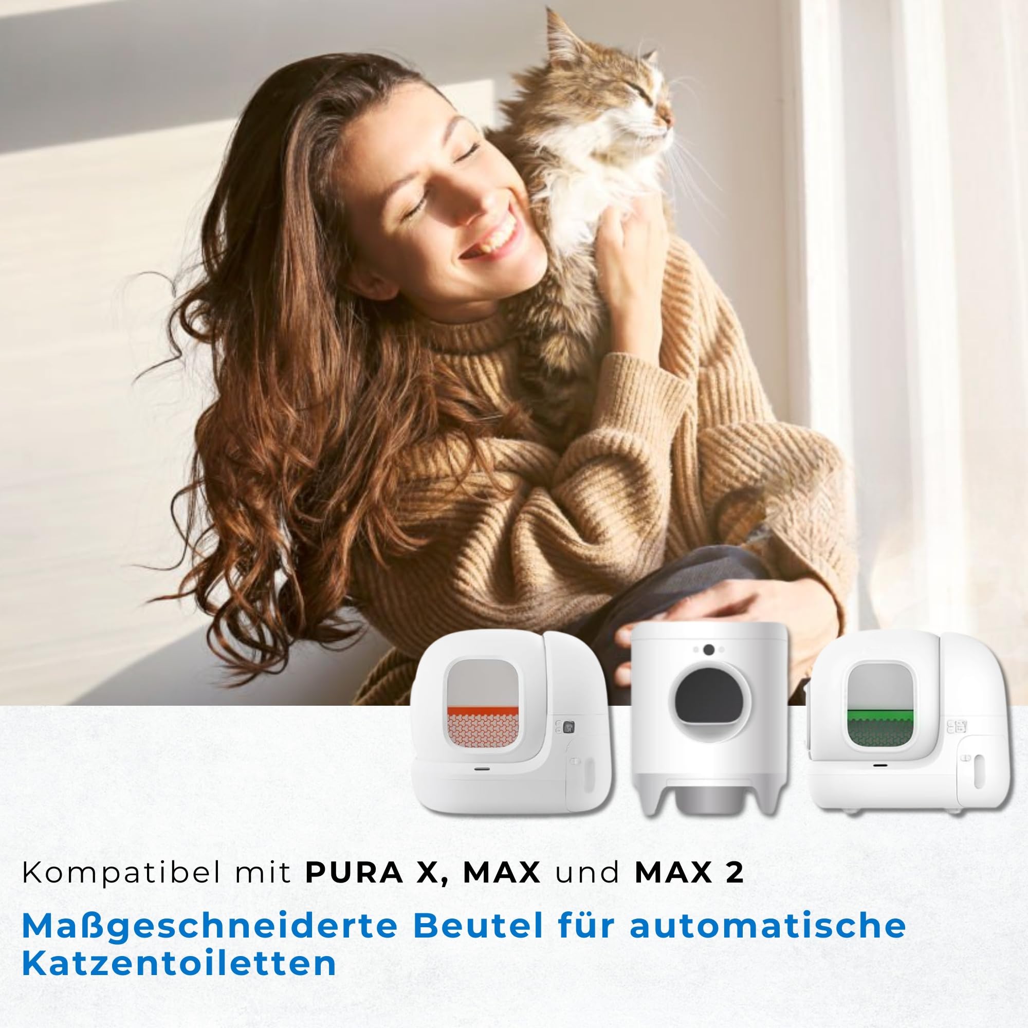 Müllbeutel für automatische Katzentoiletten, kompatibel mit Pura X & Pura Max 2, 100 Stück (5x20), vorgestanzt, mit Zugband.