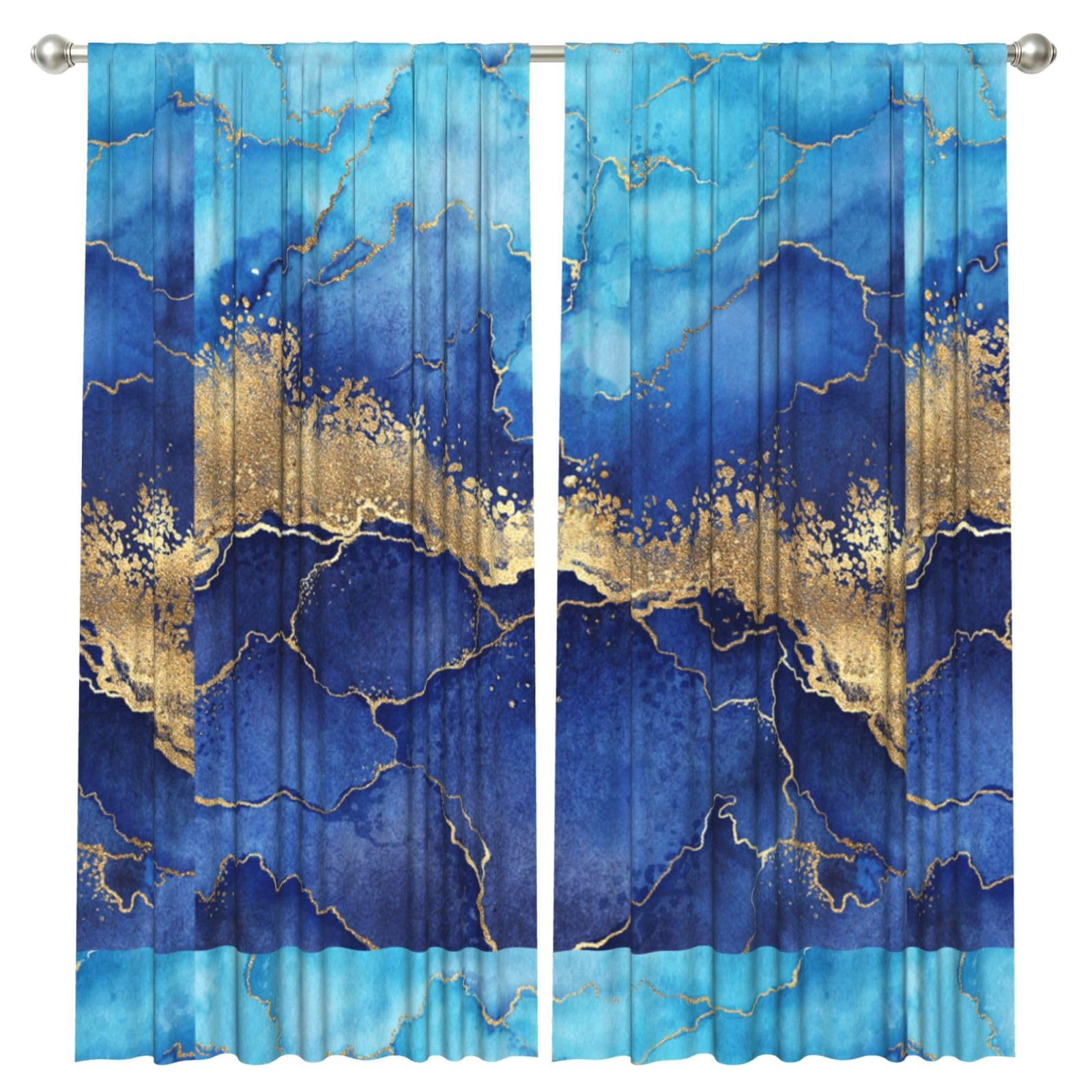 InOmak Blue Marble Abstract Gold, 2 Panels Window Curtains 52 x 84 Inch Blackout Curtains for Living Room Bedroom