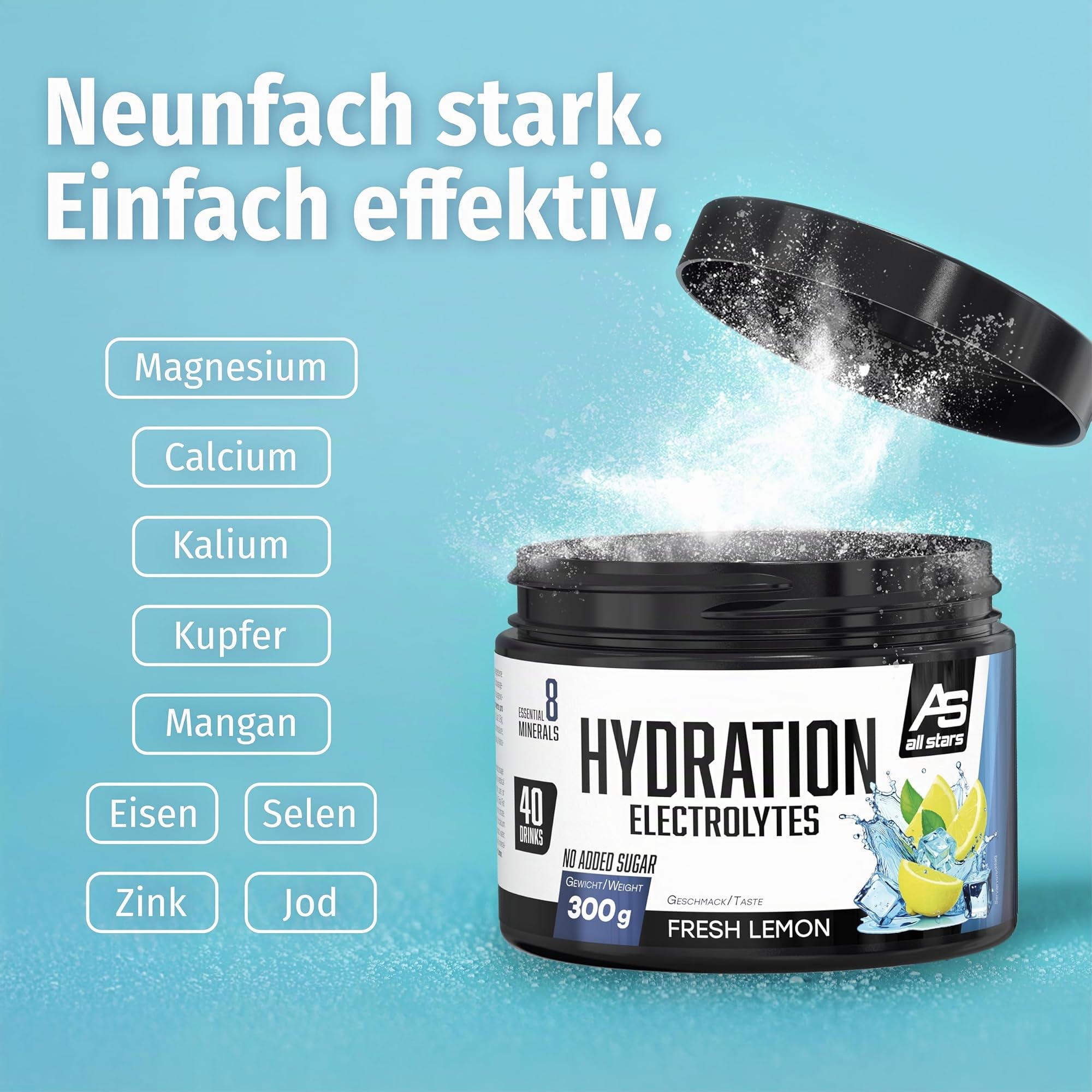 ALL STARS Hydration Electrolytes 300g Fresh Lemon - Elektrolyte Pulver ohne Zucker mit 9 essenziellen Spurenelementen & Mineralstoffen, Kalium, Magnesium, Calcium, Zink & mehr