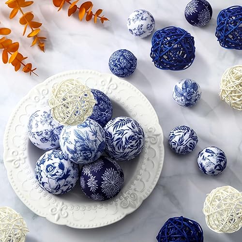 Miniatura 3 de Halloscume 36 bolas decorativas para cuencos de centro de mesa de 2.4 pulgadas, bolas de mimbre de ratán de 1.57 pulgadas, decoración azul y blanca,