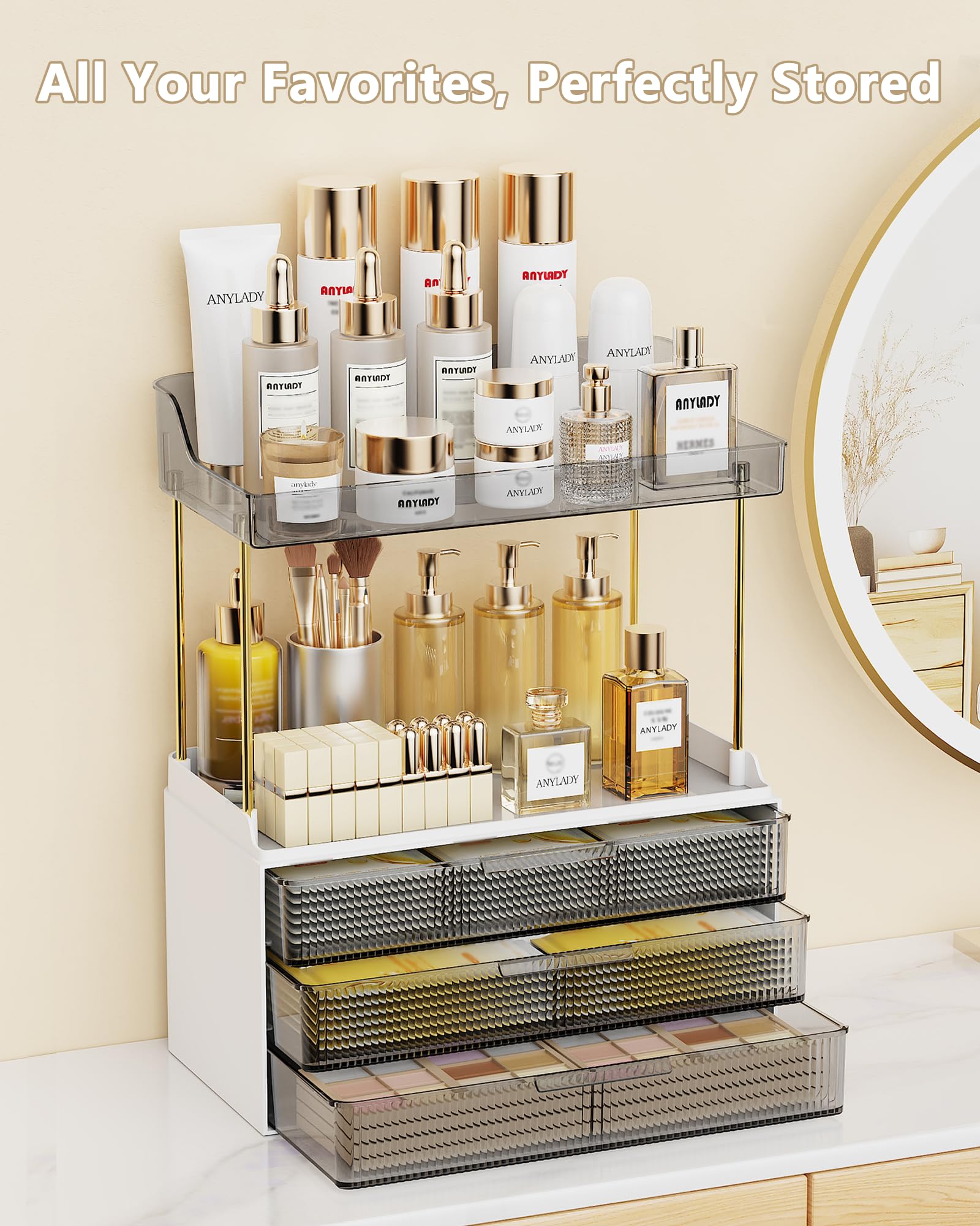 Anylady Bathroom Organizers and Storage, Makeup Organizer (Sturdy Durable Attractive), Ideal for Vanity, Countertop, Counter, Perfume, Skincare, Cabinet, Cosmetic, Dresser Organizer (Gold): black 3 Drawers