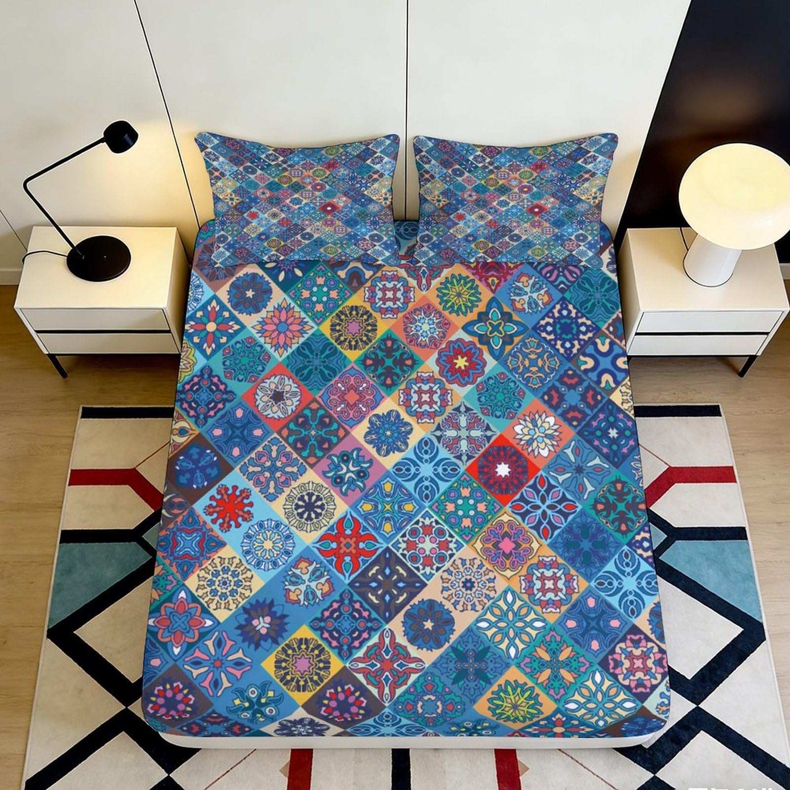 3D Printed Mosaic Tiles Fitted Sheet Microfiber Soft Breathable Geometric Patchwork Mattress Cover for Bedroom Guest Room 90x200x25cm
