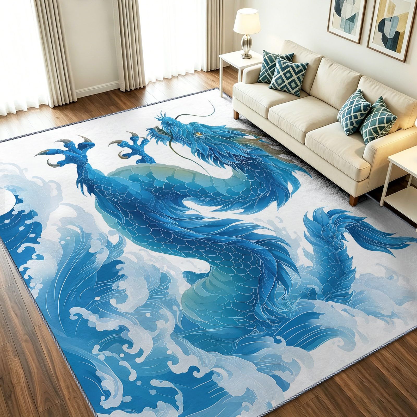 Tapis Large Blanc 150 x 210 cm Lavable, Tapis Peinture Animale Dragon Vagues Océan, Antidérapant, Poils Courts Rug, Non-Fussel, Résistant pour Salon, Chambre, Bureau et Salle à Manger