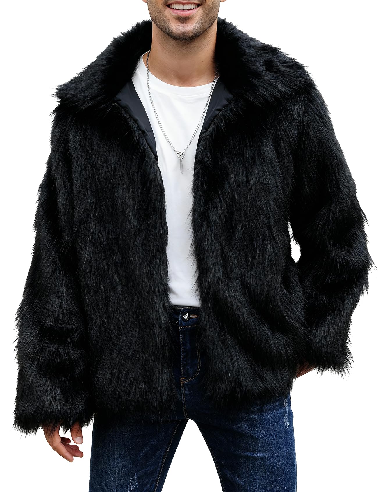 �️Eisctnd Men's Faux Fur Coat, Warm Fluffy Fuzzy Fleece Jacket with Lapel Collar for Winter Fashion Trench Outerwear(Bla — fashion deal