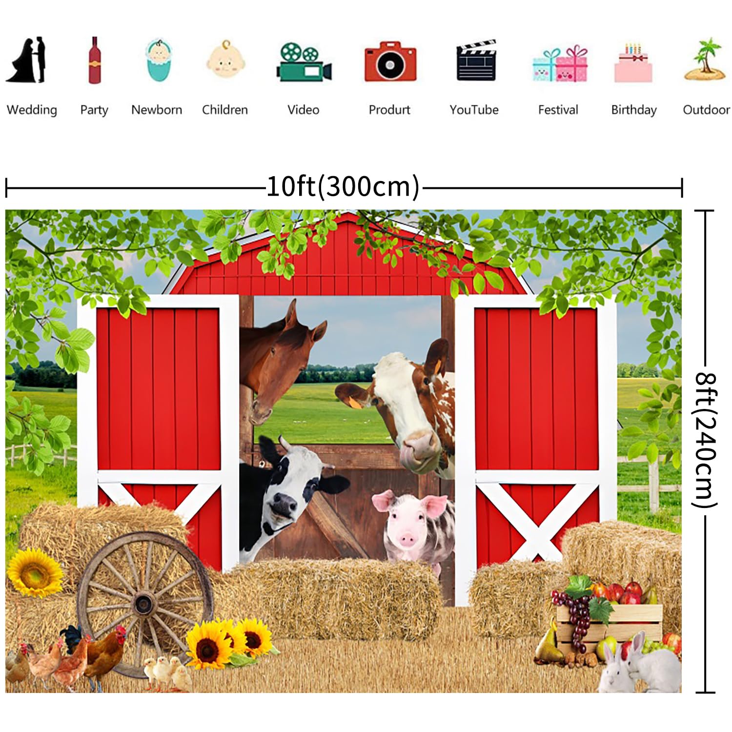 3x2.4m Sfondo Fattoria Cortile rosso del fienile Animali della fattoria verde erba pagliaio fotografia sfondo bambini ragazzi ragazze paese fattoria compleanno decorazioni Photo Booth Props