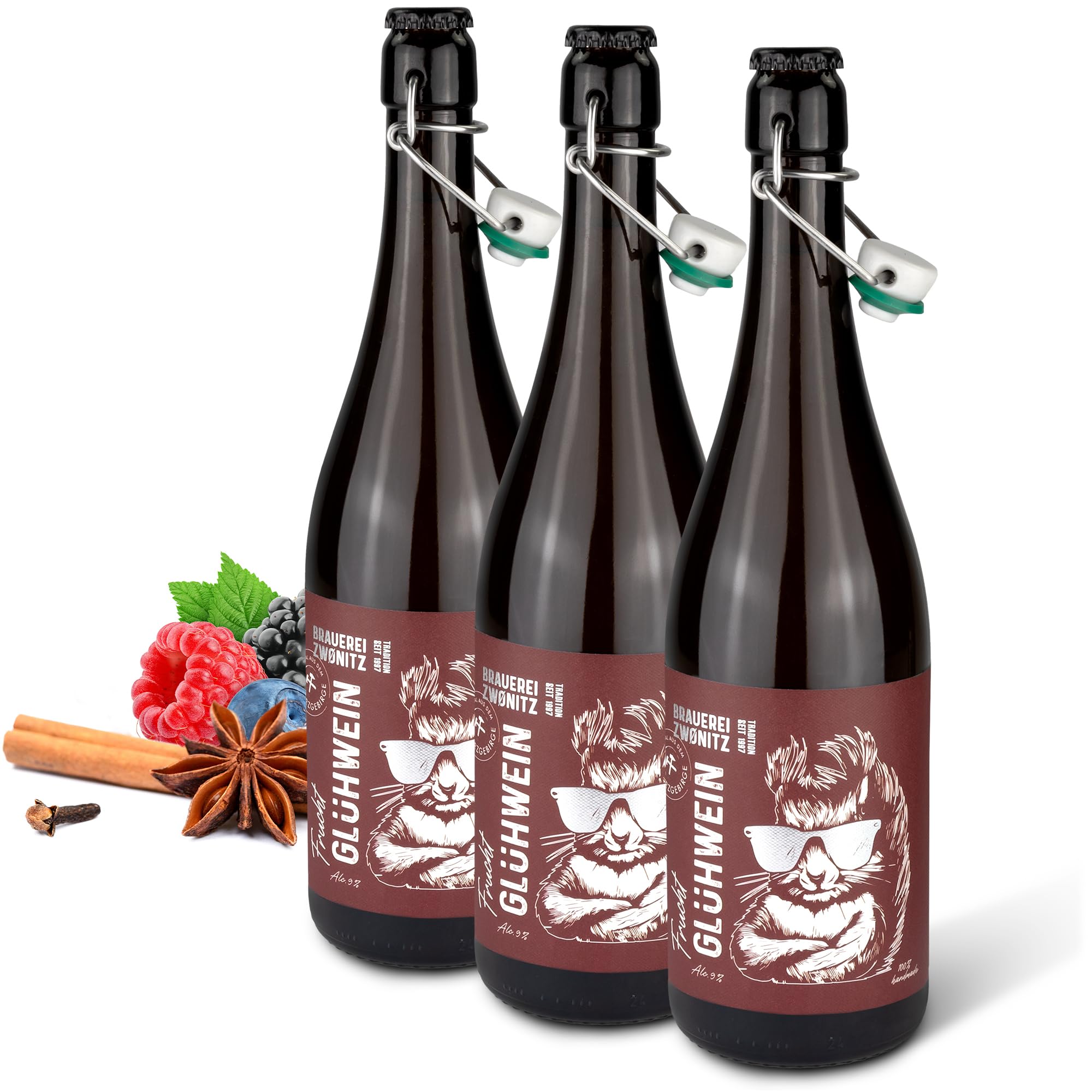 Brauerei Zwönitz Frucht-Glühwein 3 x 750 ml/Glühwein rot aus Himbeeren, Heidelbeeren und Kirschen in schicker Flasche – Geschenkidee/Fruchtwein