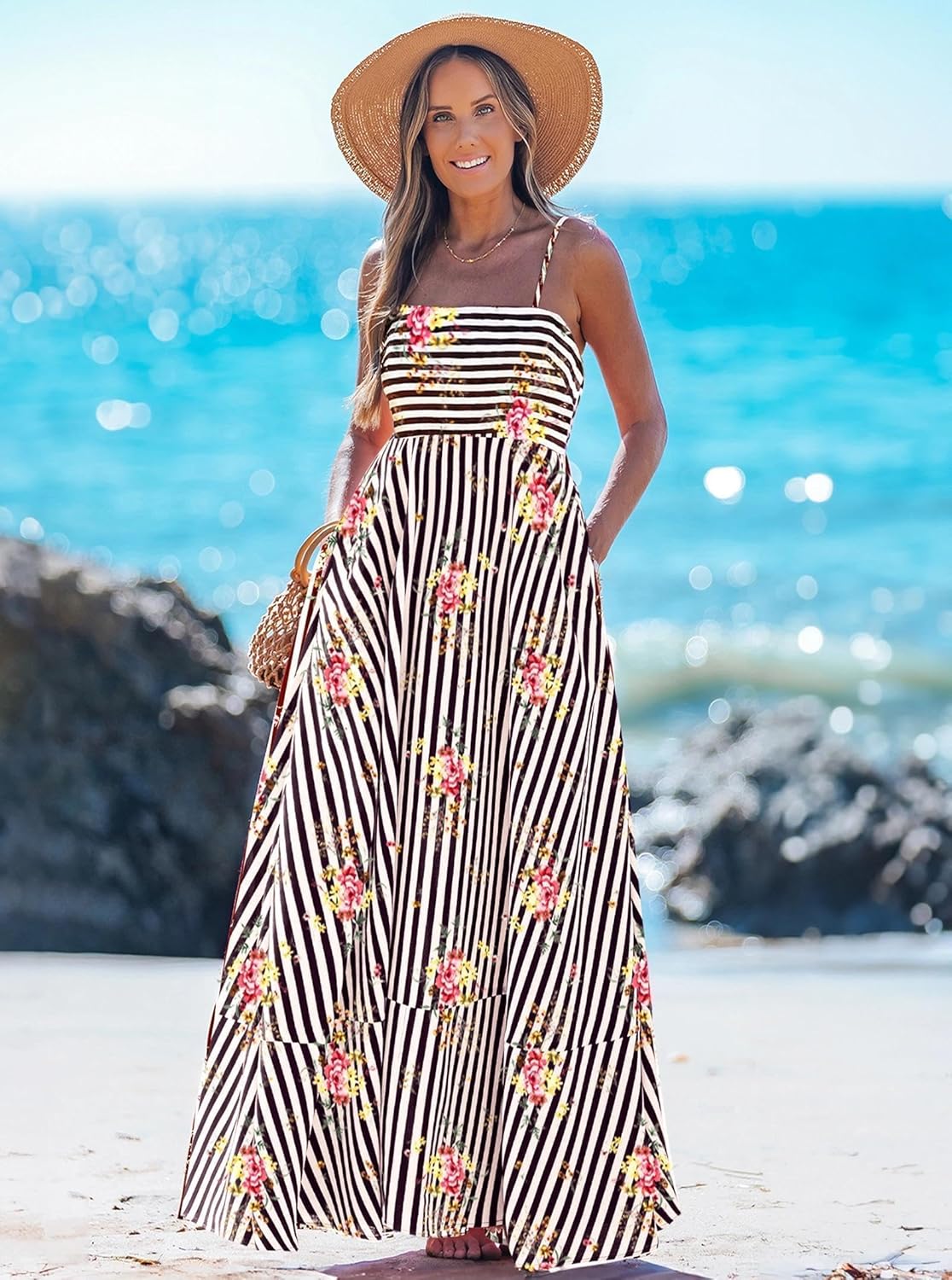 popvil Women Maxi Dress 2026 Spring Spaghetti Strap Summer Long Boho A-Line Flowy Dress Casual Sleeveless Sun Beach Dress - Image 7