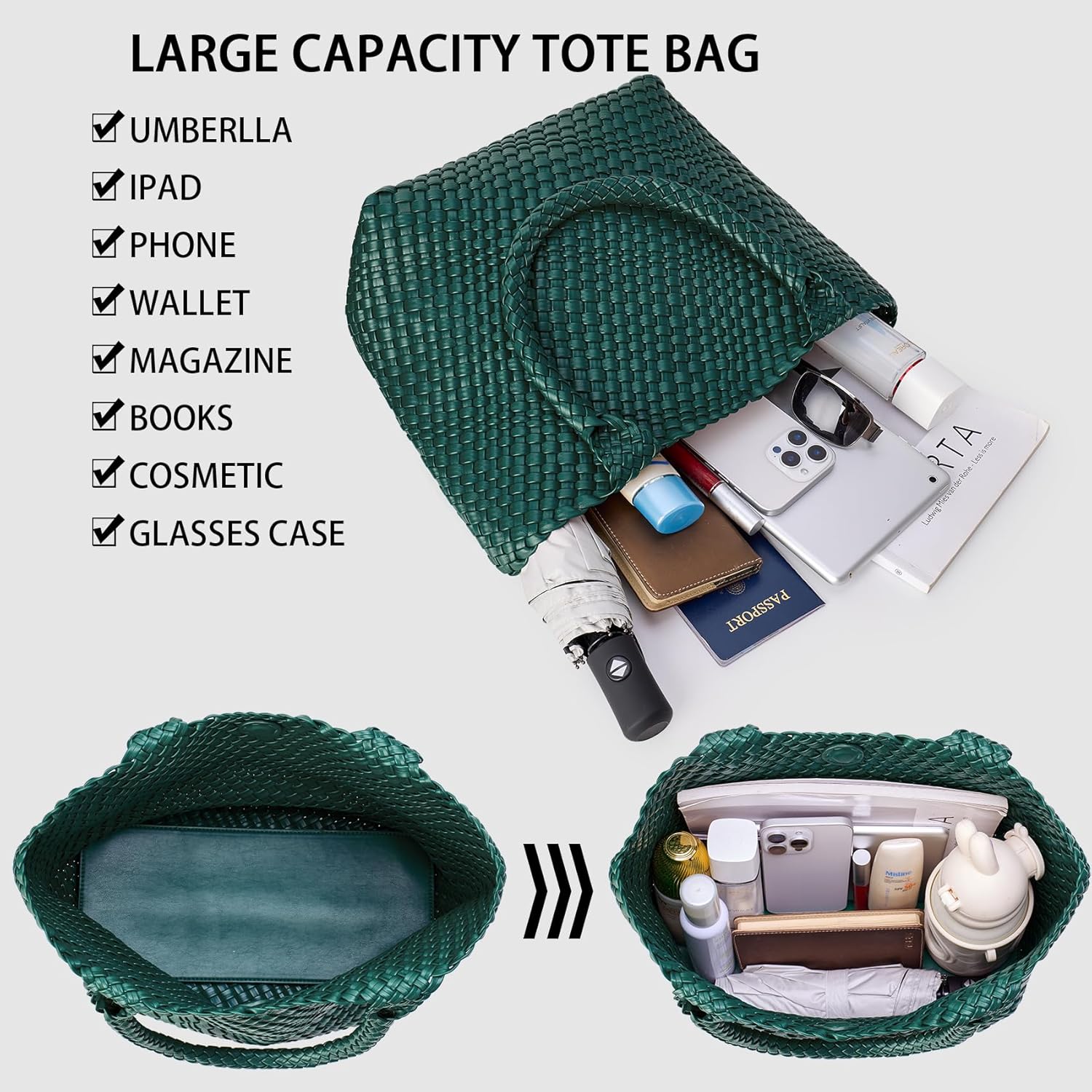 Woven Shoulder Bag for Women, Fashion Top Handle Soft Vegan Leather Shopper - Image 4