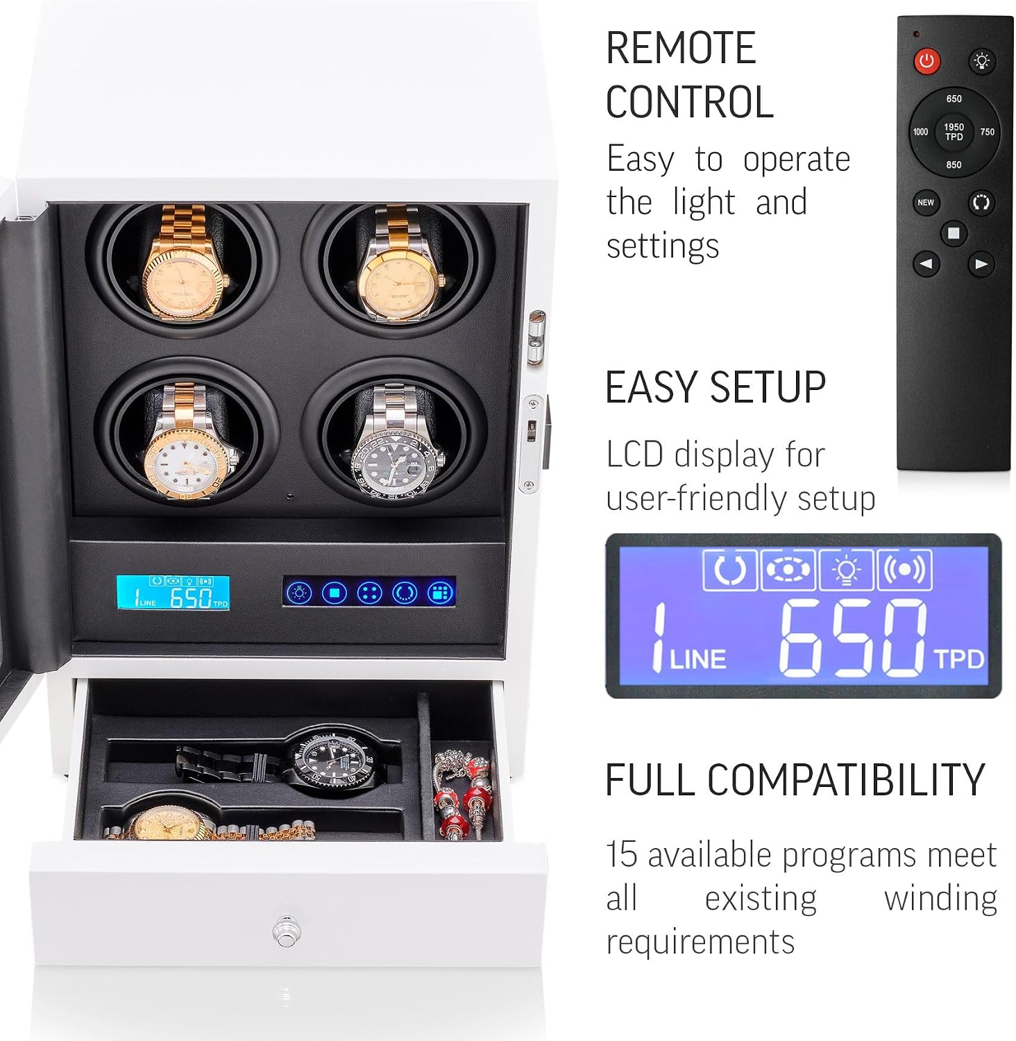 Automatic Watch Winder with LED Light, Storage Drawer and LCD Touchscreen Control