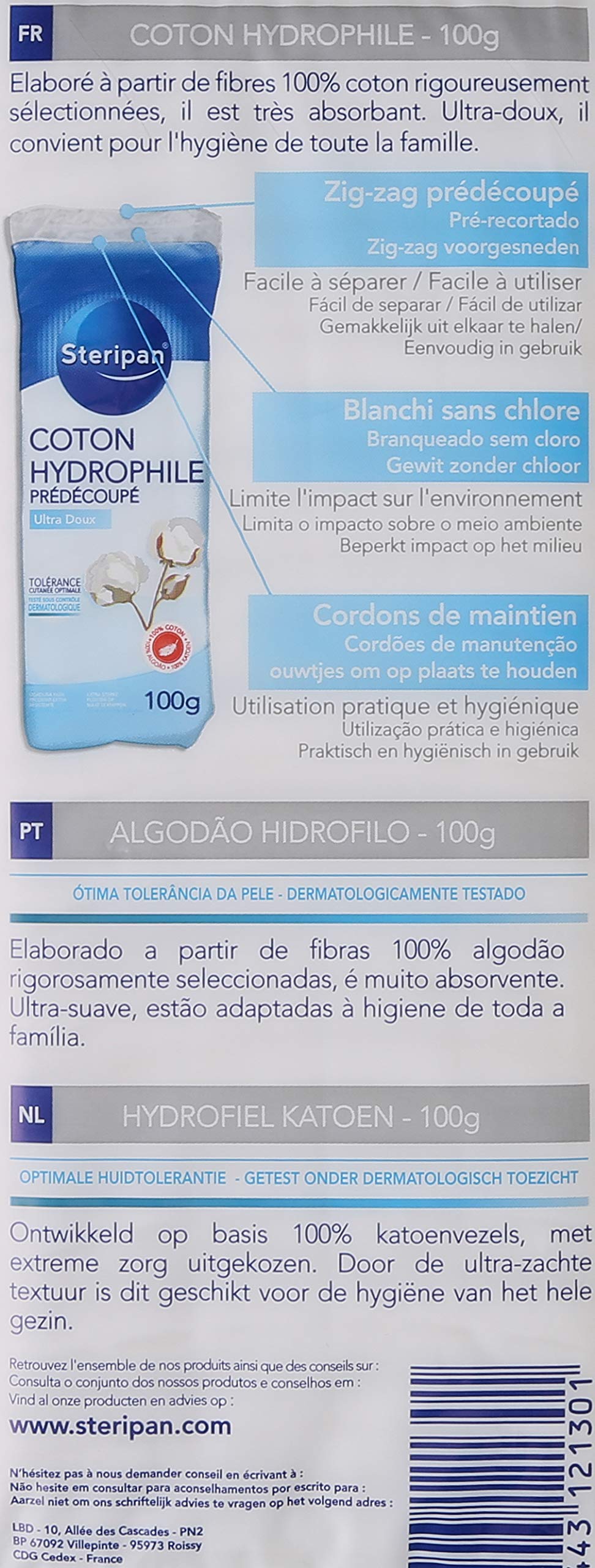 Steripan - Algodón Hidrófilo Dermatológico Precortado - 1 Unidad de 100 g