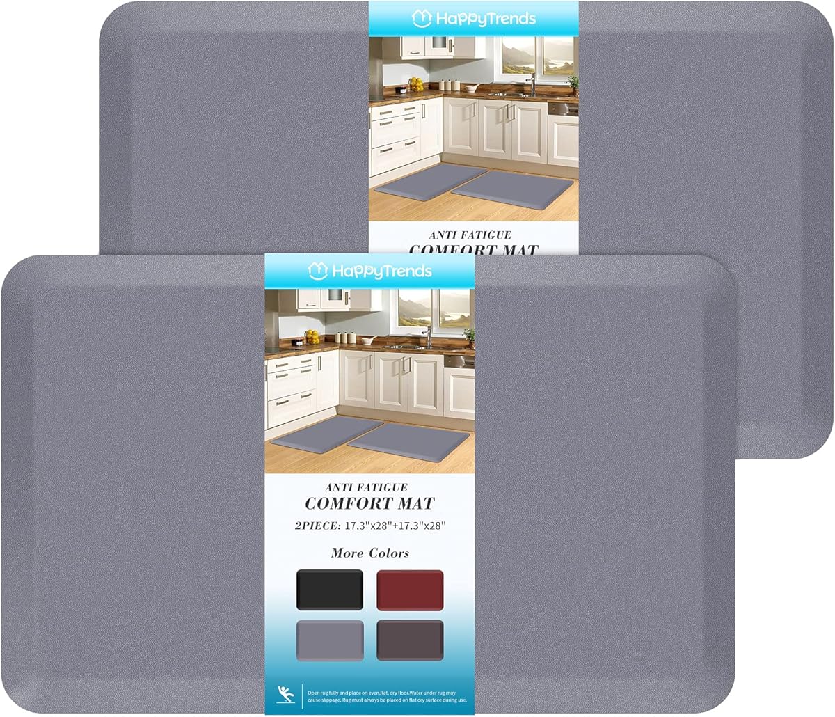 HappyTrends 2 PCS Kitchen Mat Cushioned Anti-Fatigue Floor Mat, Heavy Duty Ergonomic Comfort Foam Standing Mat, Waterproof Non-Slip Kitchen Rugs for Home, Office, Laundry,Grey