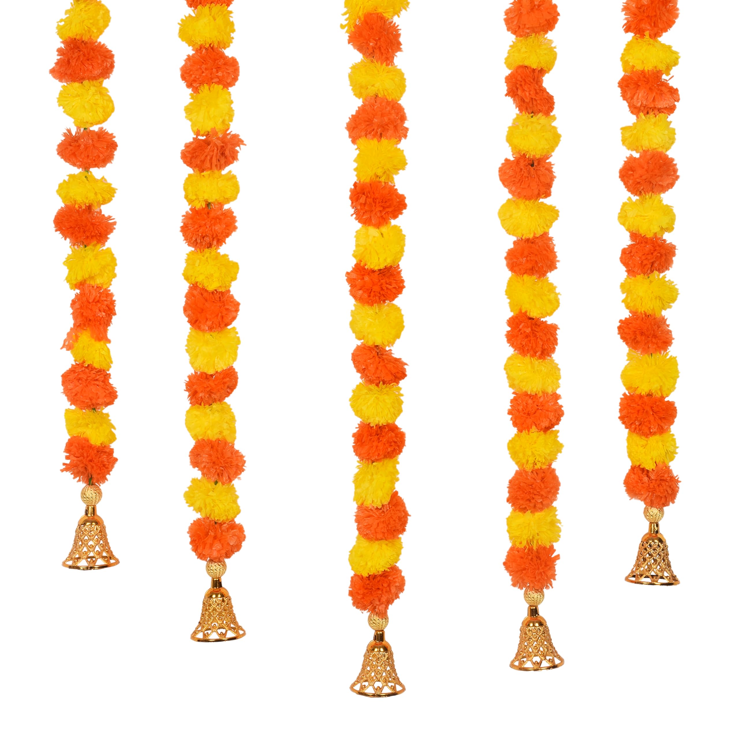 Kalakriti Artificial Marigold Flower |Indian/American Wedding Party Decoration, Faux Wedding Garland, Diwali Decor Gift, Spring Bush Floral, Orange Yellow, Pack of 5, 5 ft Each (Orange Yellow 3)