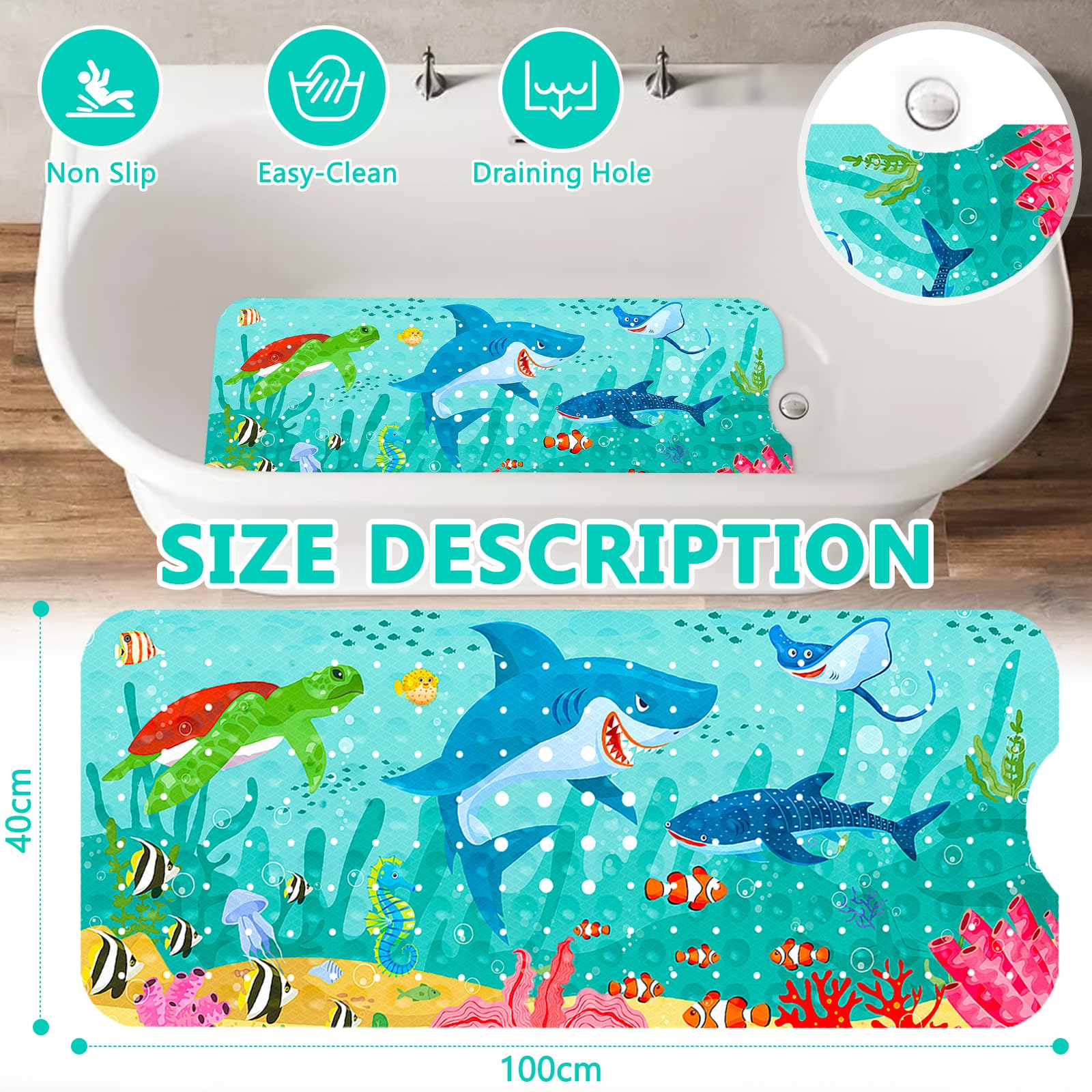 SHUCHING Tappetino Vasca Antiscivolo Bambini Animali Polari, Tappeto Doccia Antiscivolo Bambini 100x40cm, Tappetino Bagno Resistente Alla Muffa E Lavabile In Lavatrice - 10