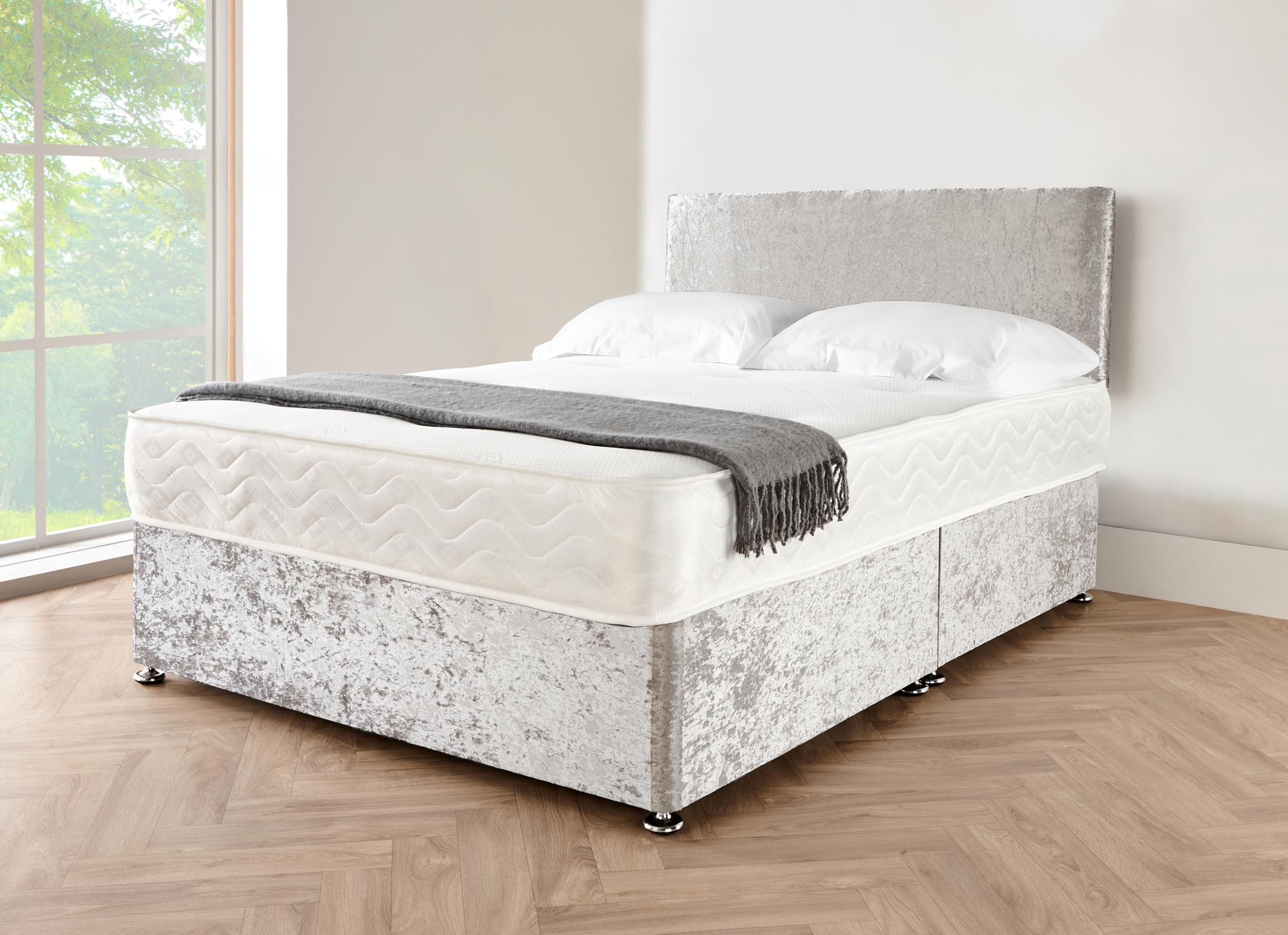 4FT6 Double Silver Crushed Velvet Divan Bed Set Including Deep Quilt Mattress And Headboard